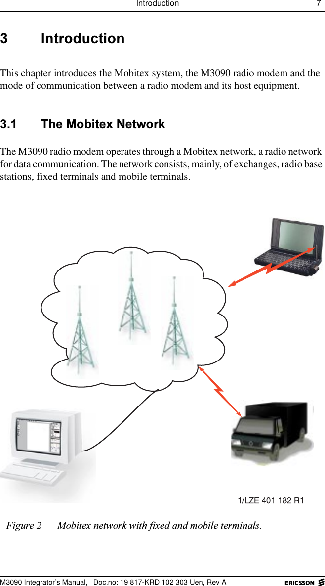 Introduction 7 M3090 Integrator&rsquo;s Manual,  Doc.no: 19 817-KRD 102 303 Uen, Rev A ,QWURGXFWLRQThis chapter introduces the Mobitex system, the M3090 radio modem and the mode of communication between a radio modem and its host equipment. 7KH0RELWH[1HWZRUNThe M3090 radio modem operates through a Mobitex network, a radio network for data communication. The network consists, mainly, of exchanges, radio base stations, fixed terminals and mobile terminals. )LJXUH 0RELWH[QHWZRUNZLWKIL[HGDQGPRELOHWHUPLQDOV