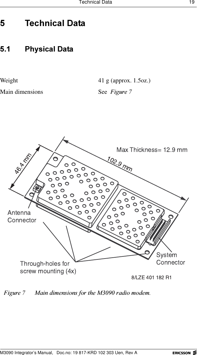 Technical Data 19 M3090 Integrator&rsquo;s Manual,  Doc.no: 19 817-KRD 102 303 Uen, Rev A 7HFKQLFDO'DWD 3K\VLFDO'DWDWeight 41 g (approx. 1.5oz.)Main dimensions See )LJXUH)LJXUH 0DLQGLPHQVLRQVIRUWKH0UDGLRPRGHP