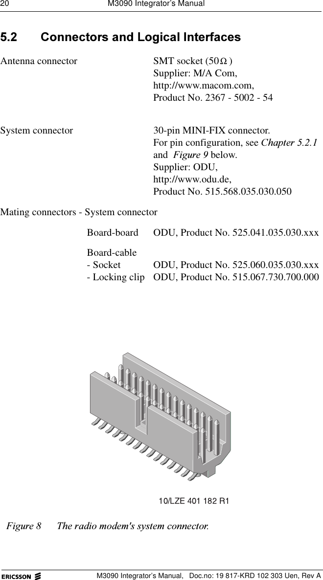 20  M3090 Integrator&rsquo;s ManualM3090 Integrator&rsquo;s Manual,  Doc.no: 19 817-KRD 102 303 Uen, Rev A &amp;RQQHFWRUVDQG/RJLFDO,QWHUIDFHVAntenna connector SMT socket (50 ) Supplier: M/A Com, http://www.macom.com,Product No. 2367 - 5002 - 54System connector 30-pin MINI-FIX connector. For pin configuration, see &amp;KDSWHU and )LJXUH below. Supplier: ODU, http://www.odu.de,Product No. 515.568.035.030.050Mating connectors - System connectorBoard-board ODU, Product No. 525.041.035.030.xxxBoard-cable- Socket- Locking clip ODU, Product No. 525.060.035.030.xxxODU, Product No. 515.067.730.700.000)LJXUH 7KHUDGLRPRGHPVV\VWHPFRQQHFWRUΩ