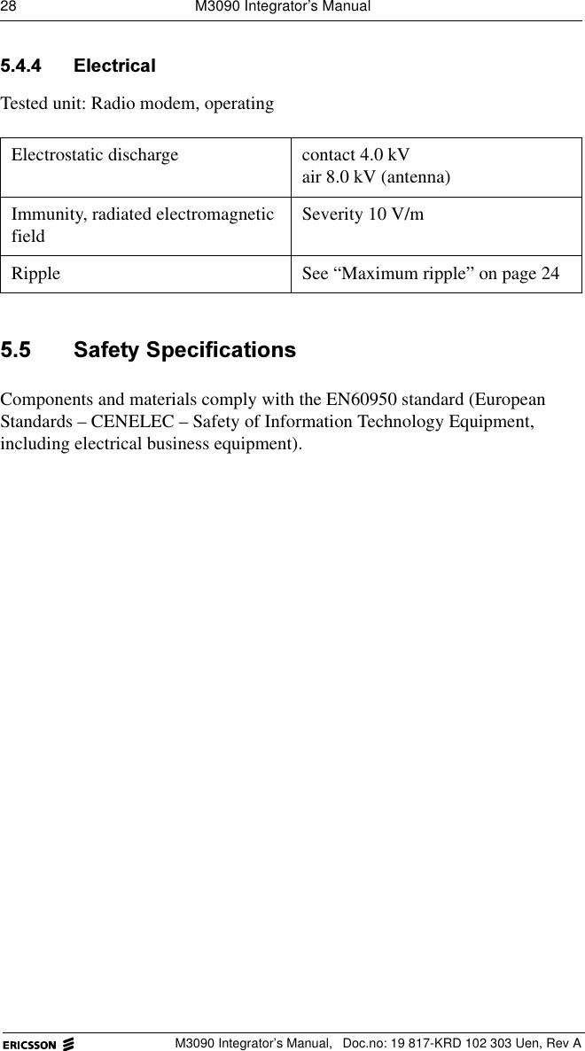 28  M3090 Integrator&rsquo;s ManualM3090 Integrator&rsquo;s Manual,  Doc.no: 19 817-KRD 102 303 Uen, Rev A (OHFWULFDOTested unit: Radio modem, operating  6DIHW\6SHFLILFDWLRQVComponents and materials comply with the EN60950 standard (European Standards &ndash; CENELEC &ndash; Safety of Information Technology Equipment, including electrical business equipment).Electrostatic discharge contact 4.0 kVair 8.0 kV (antenna)Immunity, radiated electromagnetic field Severity 10 V/mRipple See &ldquo;Maximum ripple&rdquo; on page 24