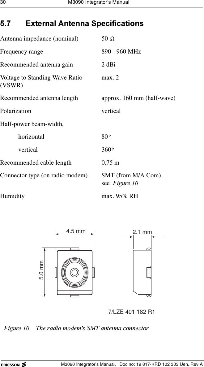 30  M3090 Integrator&rsquo;s ManualM3090 Integrator&rsquo;s Manual,  Doc.no: 19 817-KRD 102 303 Uen, Rev A ([WHUQDO$QWHQQD6SHFLILFDWLRQVAntenna impedance (nominal) 50 Frequency range 890 - 960 MHzRecommended antenna gain 2 dBiVoltage to Standing Wave Ratio (VSWR) max. 2Recommended antenna length  approx. 160 mm (half-wave)Polarization verticalHalf-power beam-width,horizontal 80vertical 360Recommended cable length 0.75 mConnector type (on radio modem) SMT (from M/A Com), see )LJXUHHumidity max. 95% RH)LJXUH 7KHUDGLRPRGHPV607DQWHQQDFRQQHFWRUΩ&deg;&deg;4.5 mm5.0 mm 7/LZE 401 182 R12.1 mm