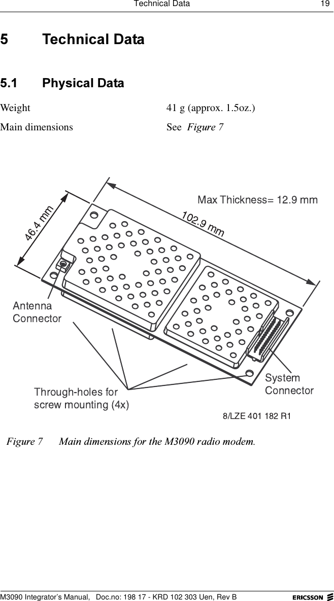 Technical Data 19 M3090 Integrator&rsquo;s Manual,  Doc.no: 198 17 - KRD 102 303 Uen, Rev B 7HFKQLFDO'DWD 3K\VLFDO'DWDWeight 41 g (approx. 1.5oz.)Main dimensions See )LJXUH)LJXUH 0DLQGLPHQVLRQVIRUWKH0UDGLRPRGHP