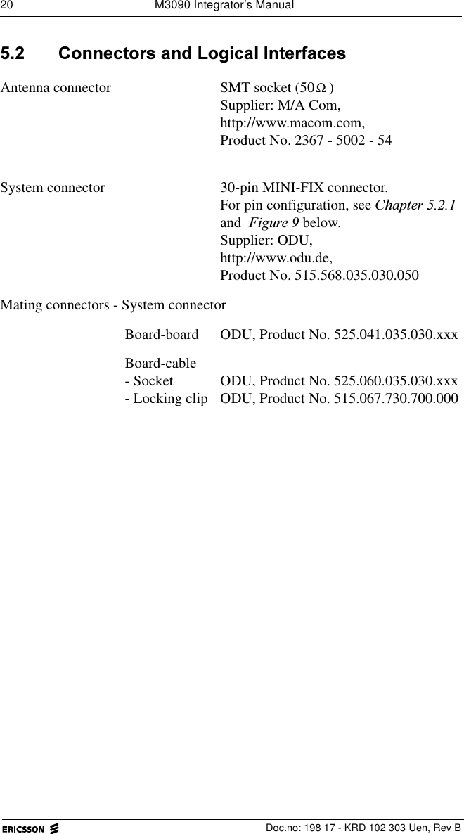 20  M3090 Integrator&rsquo;s Manual  Doc.no: 198 17 - KRD 102 303 Uen, Rev B &amp;RQQHFWRUVDQG/RJLFDO,QWHUIDFHVAntenna connector SMT socket (50 ) Supplier: M/A Com, http://www.macom.com,Product No. 2367 - 5002 - 54System connector 30-pin MINI-FIX connector. For pin configuration, see &amp;KDSWHU and )LJXUH below. Supplier: ODU, http://www.odu.de,Product No. 515.568.035.030.050Mating connectors - System connectorBoard-board ODU, Product No. 525.041.035.030.xxxBoard-cable- Socket- Locking clip ODU, Product No. 525.060.035.030.xxxODU, Product No. 515.067.730.700.000Ω