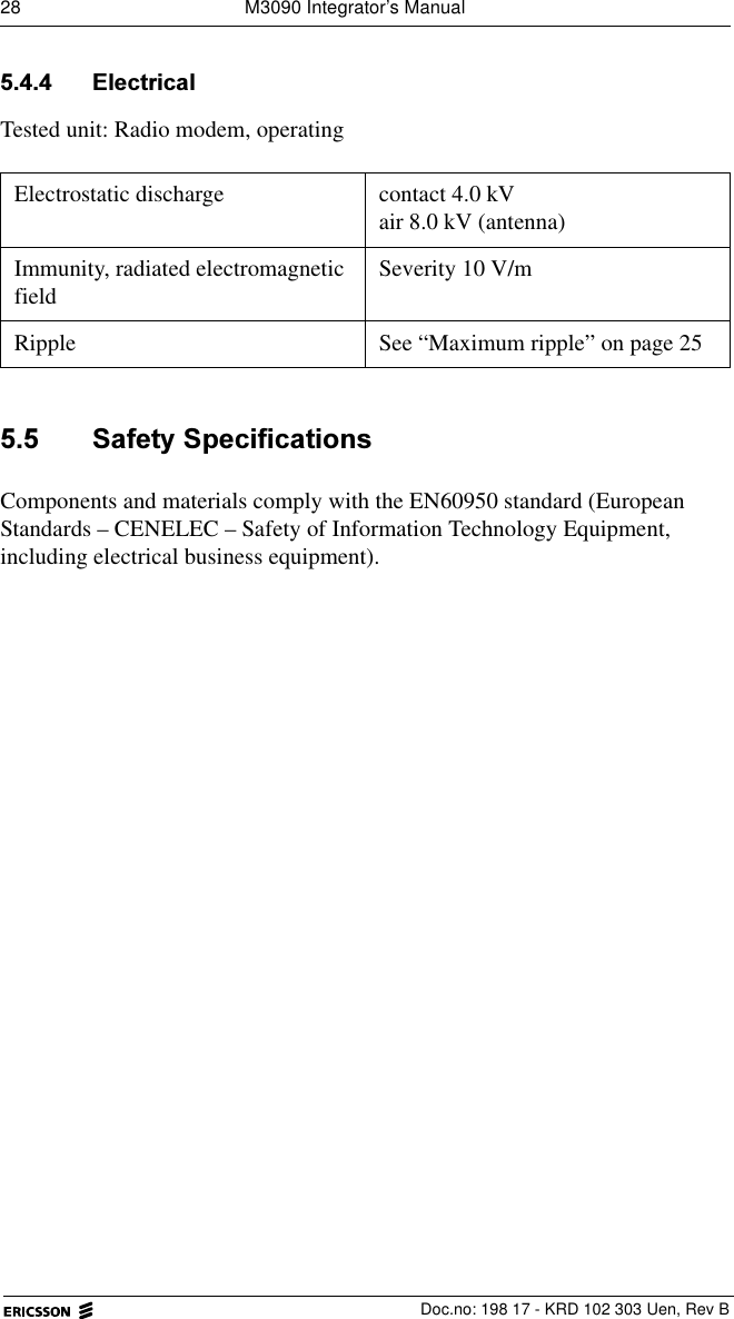 28  M3090 Integrator&rsquo;s Manual  Doc.no: 198 17 - KRD 102 303 Uen, Rev B (OHFWULFDOTested unit: Radio modem, operating  6DIHW\6SHFLILFDWLRQVComponents and materials comply with the EN60950 standard (European Standards &ndash; CENELEC &ndash; Safety of Information Technology Equipment, including electrical business equipment).Electrostatic discharge contact 4.0 kVair 8.0 kV (antenna)Immunity, radiated electromagnetic field Severity 10 V/mRipple See &ldquo;Maximum ripple&rdquo; on page 25