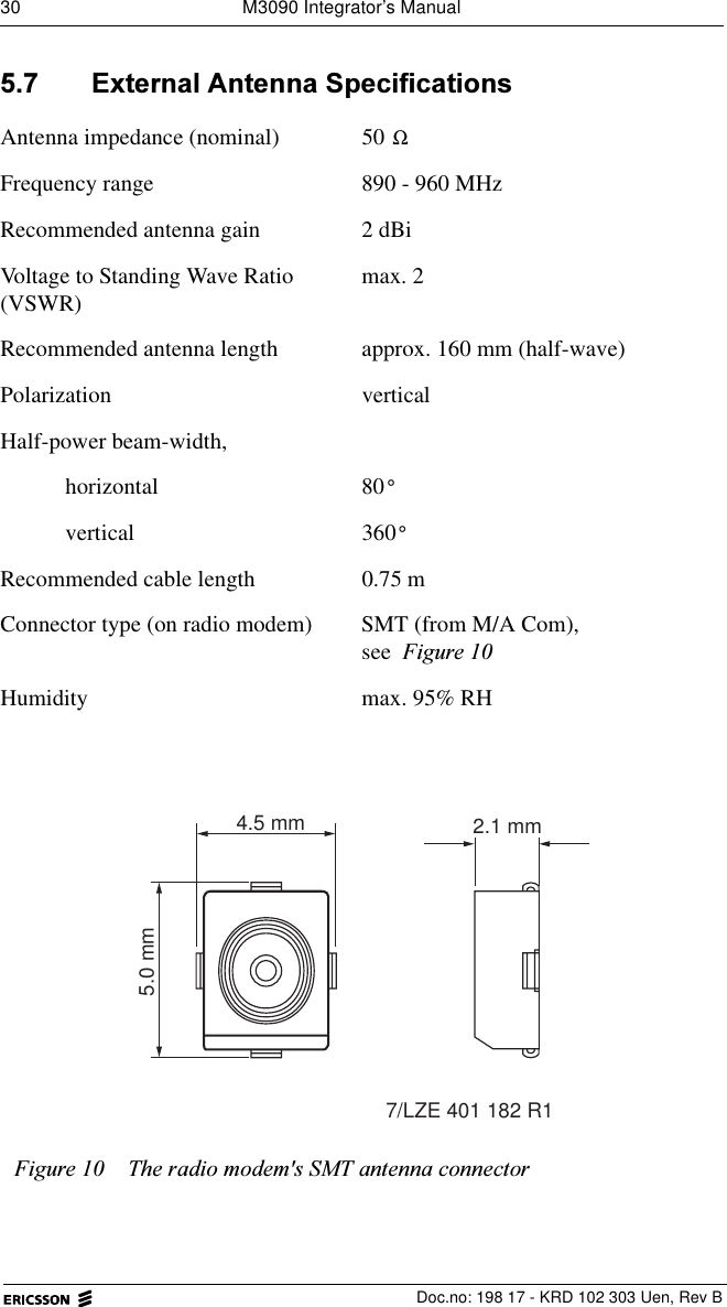 30  M3090 Integrator&rsquo;s Manual  Doc.no: 198 17 - KRD 102 303 Uen, Rev B ([WHUQDO$QWHQQD6SHFLILFDWLRQVAntenna impedance (nominal) 50 Frequency range 890 - 960 MHzRecommended antenna gain 2 dBiVoltage to Standing Wave Ratio (VSWR) max. 2Recommended antenna length  approx. 160 mm (half-wave)Polarization verticalHalf-power beam-width,horizontal 80vertical 360Recommended cable length 0.75 mConnector type (on radio modem) SMT (from M/A Com), see )LJXUHHumidity max. 95% RH)LJXUH 7KHUDGLRPRGHPV607DQWHQQDFRQQHFWRUΩ&deg;&deg;4.5 mm5.0 mm 7/LZE 401 182 R12.1 mm