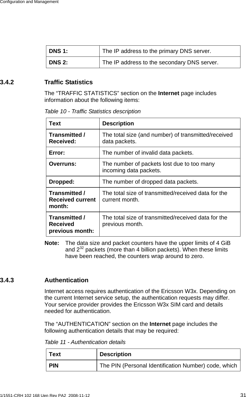 Configuration and Management  The IP address to the primary DNS server. DNS 1: The IP address to the secondary DNS server. DNS 2: 3.4.2 Traffic Statistics The “TRAFFIC STATISTICS” section on the Internet page includes information about the following items: Table 10 - Traffic Statistics description Text Description The total size (and number) of transmitted/received data packets. Transmitted / Received: The number of invalid data packets. Error: The number of packets lost due to too many incoming data packets. Overruns: The number of dropped data packets. Dropped: The total size of transmitted/received data for the current month. Transmitted / Received current month: The total size of transmitted/received data for the previous month. Transmitted / Received previous month: Note:  The data size and packet counters have the upper limits of 4 GiB and 232 packets (more than 4 billion packets). When these limits have been reached, the counters wrap around to zero. 3.4.3 Authentication Internet access requires authentication of the Ericsson W3x. Depending on the current Internet service setup, the authentication requests may differ. Your service provider provides the Ericsson W3x SIM card and details needed for authentication.  The “AUTHENTICATION” section on the Internet page includes the following authentication details that may be required: Table 11 - Authentication details Text Description The PIN (Personal Identification Number) code, which PIN 1/1551-CRH 102 168 Uen Rev PA2  2008-11-12 31 