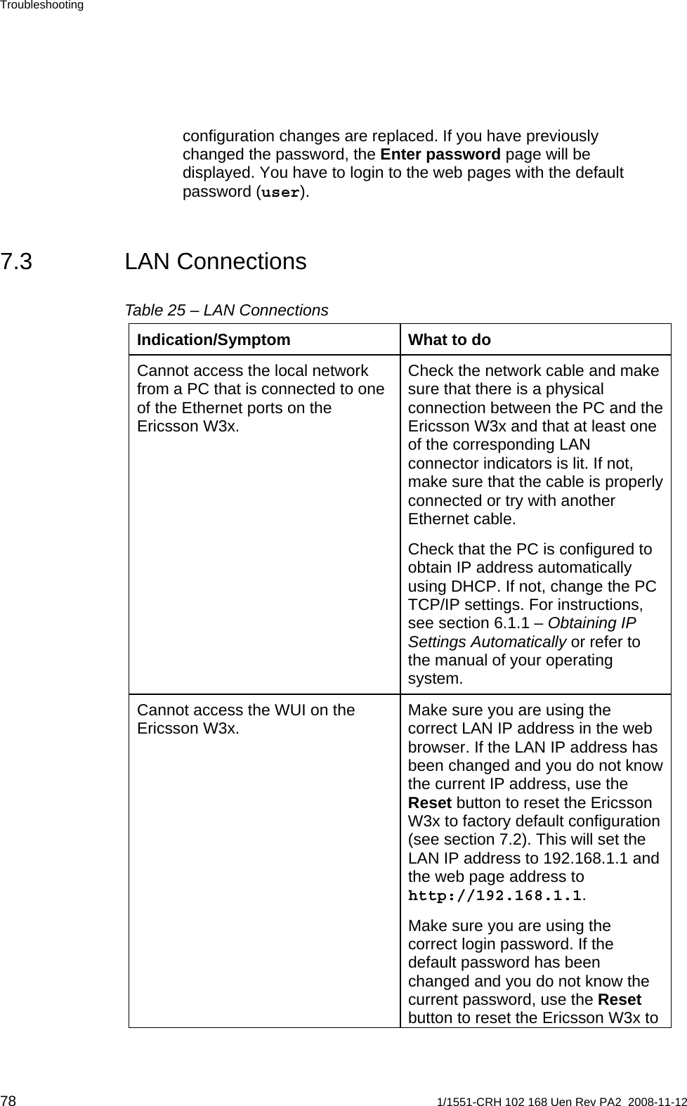 Troubleshooting configuration changes are replaced. If you have previously changed the password, the Enter password page will be displayed. You have to login to the web pages with the default password (user).  7.3 LAN Connections Table 25 – LAN Connections   Indication/Symptom  What to do Check the network cable and make sure that there is a physical connection between the PC and the Ericsson W3x and that at least one of the corresponding LAN connector indicators is lit. If not, make sure that the cable is properly connected or try with another Ethernet cable. Cannot access the local network from a PC that is connected to one of the Ethernet ports on the Ericsson W3x. Check that the PC is configured to obtain IP address automatically using DHCP. If not, change the PC TCP/IP settings. For instructions, see section 6.1.1 – Obtaining IP Settings Automatically or refer to the manual of your operating system. Cannot access the WUI on the Ericsson W3x.  Make sure you are using the correct LAN IP address in the web browser. If the LAN IP address has been changed and you do not know the current IP address, use the Reset button to reset the Ericsson W3x to factory default configuration (see section 7.2). This will set the LAN IP address to 192.168.1.1 and the web page address to http://192.168.1.1. Make sure you are using the correct login password. If the default password has been changed and you do not know the current password, use the Reset button to reset the Ericsson W3x to 78  1/1551-CRH 102 168 Uen Rev PA2  2008-11-12 