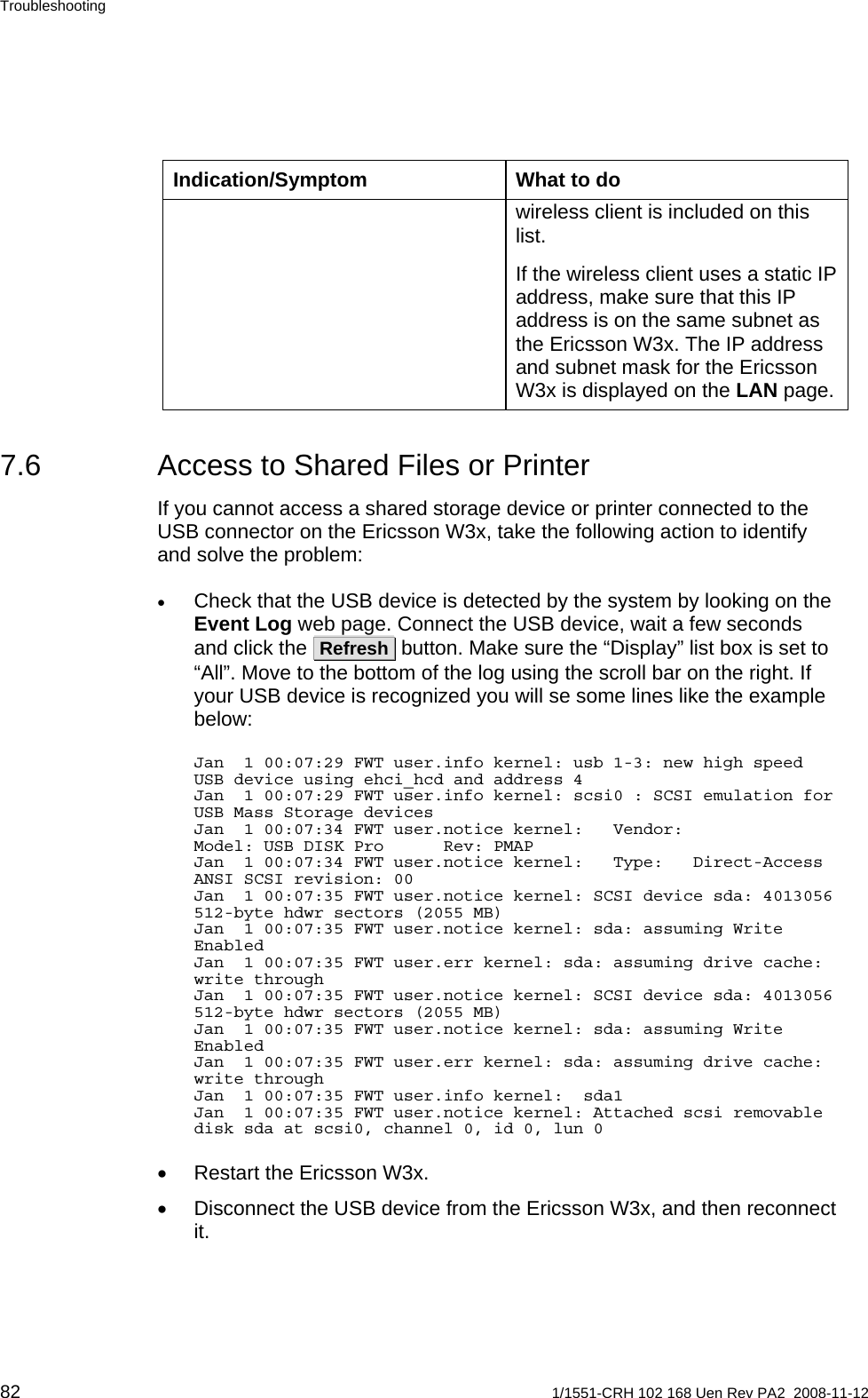 Troubleshooting Indication/Symptom  What to do wireless client is included on this list. If the wireless client uses a static IP address, make sure that this IP address is on the same subnet as the Ericsson W3x. The IP address and subnet mask for the Ericsson W3x is displayed on the LAN page. 7.6  Access to Shared Files or Printer If you cannot access a shared storage device or printer connected to the USB connector on the Ericsson W3x, take the following action to identify and solve the problem: • Check that the USB device is detected by the system by looking on the Event Log web page. Connect the USB device, wait a few seconds and click the  Refresh  button. Make sure the “Display” list box is set to “All”. Move to the bottom of the log using the scroll bar on the right. If your USB device is recognized you will se some lines like the example below:  Jan  1 00:07:29 FWT user.info kernel: usb 1-3: new high speed USB device using ehci_hcd and address 4 Jan  1 00:07:29 FWT user.info kernel: scsi0 : SCSI emulation for USB Mass Storage devices Jan  1 00:07:34 FWT user.notice kernel:   Vendor:           Model: USB DISK Pro      Rev: PMAP Jan  1 00:07:34 FWT user.notice kernel:   Type:   Direct-Access                  ANSI SCSI revision: 00 Jan  1 00:07:35 FWT user.notice kernel: SCSI device sda: 4013056 512-byte hdwr sectors (2055 MB) Jan  1 00:07:35 FWT user.notice kernel: sda: assuming Write Enabled Jan  1 00:07:35 FWT user.err kernel: sda: assuming drive cache: write through Jan  1 00:07:35 FWT user.notice kernel: SCSI device sda: 4013056 512-byte hdwr sectors (2055 MB) Jan  1 00:07:35 FWT user.notice kernel: sda: assuming Write Enabled Jan  1 00:07:35 FWT user.err kernel: sda: assuming drive cache: write through Jan  1 00:07:35 FWT user.info kernel:  sda1 Jan  1 00:07:35 FWT user.notice kernel: Attached scsi removable disk sda at scsi0, channel 0, id 0, lun 0 •  Restart the Ericsson W3x. •  Disconnect the USB device from the Ericsson W3x, and then reconnect it. 82  1/1551-CRH 102 168 Uen Rev PA2  2008-11-12 