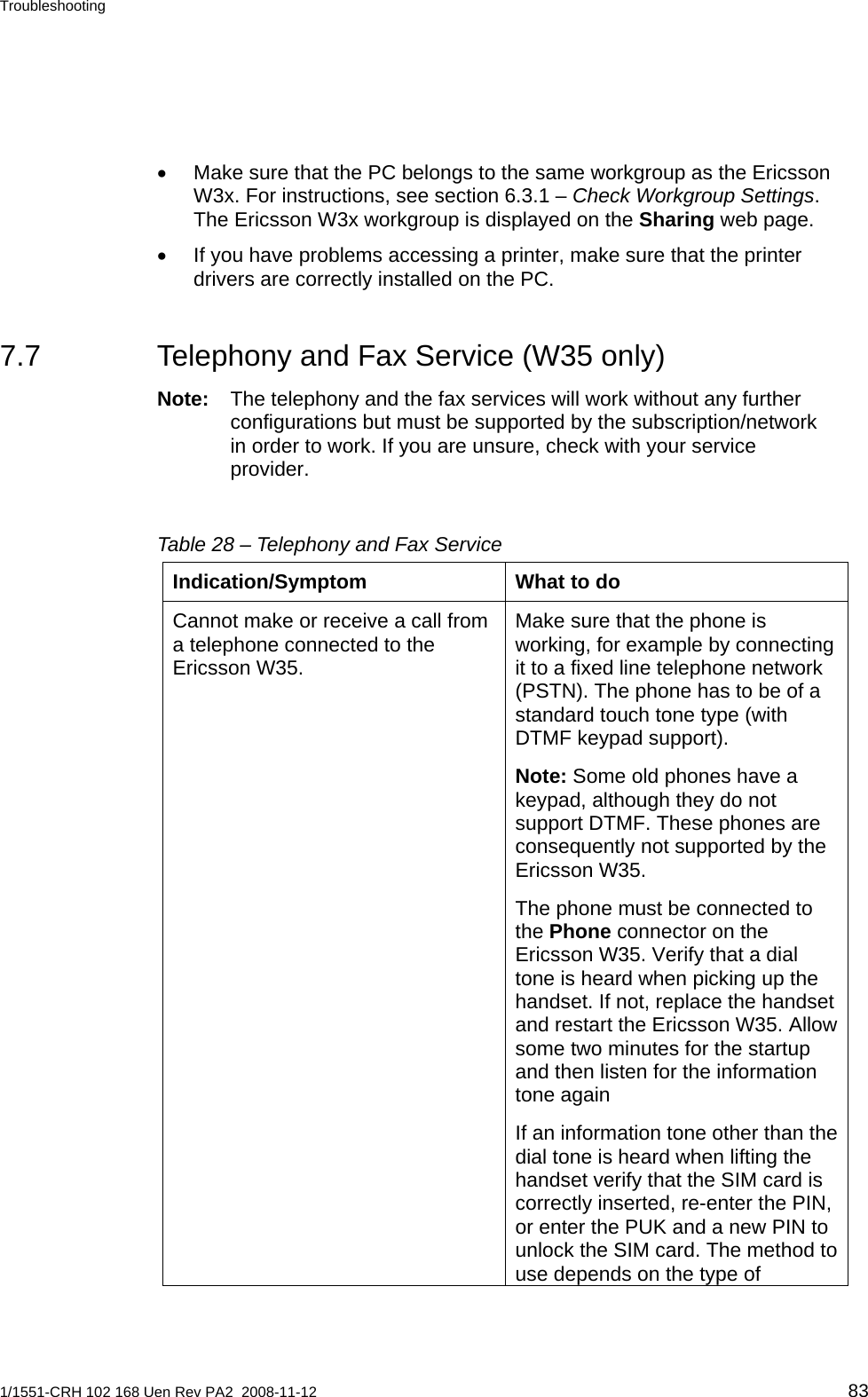 Troubleshooting  •  Make sure that the PC belongs to the same workgroup as the Ericsson W3x. For instructions, see section 6.3.1 – Check Workgroup Settings. The Ericsson W3x workgroup is displayed on the Sharing web page. •  If you have problems accessing a printer, make sure that the printer drivers are correctly installed on the PC. 7.7  Telephony and Fax Service (W35 only) Note:  The telephony and the fax services will work without any further configurations but must be supported by the subscription/network in order to work. If you are unsure, check with your service provider. Table 28 – Telephony and Fax Service   Indication/Symptom  What to do Cannot make or receive a call from a telephone connected to the Ericsson W35. Make sure that the phone is working, for example by connecting it to a fixed line telephone network (PSTN). The phone has to be of a standard touch tone type (with DTMF keypad support). Note: Some old phones have a keypad, although they do not support DTMF. These phones are consequently not supported by the Ericsson W35. The phone must be connected to the Phone connector on the Ericsson W35. Verify that a dial tone is heard when picking up the handset. If not, replace the handset and restart the Ericsson W35. Allow some two minutes for the startup and then listen for the information tone again If an information tone other than the dial tone is heard when lifting the handset verify that the SIM card is correctly inserted, re-enter the PIN, or enter the PUK and a new PIN to unlock the SIM card. The method to use depends on the type of 1/1551-CRH 102 168 Uen Rev PA2  2008-11-12 83 