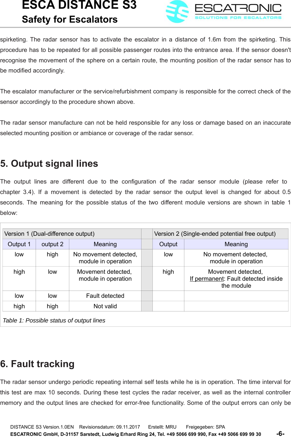 ESCA DISTANCE S3Safety for Escalatorsspirketing. The radar sensor has to activate the escalator in a distance of 1.6m from the spirketing. Thisprocedure has to be repeated for all possible passenger routes into the entrance area. If the sensor doesn'trecognise the movement of the sphere on a certain route, the mounting position of the radar sensor has tobe modified accordingly.The escalator manufacturer or the service/refurbishment company is responsible for the correct check of thesensor accordingly to the procedure shown above.The radar sensor manufacture can not be held responsible for any loss or damage based on an inaccurateselected mounting position or ambiance or coverage of the radar sensor. 5. Output signal linesThe   output   lines   are   different  due   to   the   configuration  of   the   radar   sensor   module   (please   refer   to  chapter 3.4). If a movement is detected by the radar sensor the output level is changed for about 0.5seconds. The meaning for the possible status of the two different module versions are shown in table 1below:6. Fault trackingThe radar sensor undergo periodic repeating internal self tests while he is in operation. The time interval forthis test are max 10 seconds. During these test cycles the radar receiver, as well as the internal controllermemory and the output lines are checked for error-free functionality. Some of the output errors can only beDISTANCE S3 Version.1.0EN    Revisionsdatum: 09.11.2017      Erstellt: MRU       Freigegeben: SPAESCATRONIC GmbH, D-31157 Sarstedt, Ludwig Erhard Ring 24, Tel. +49 5066 699 990, Fax +49 5066 699 99 30          -6-   Version 1 (Dual-difference output) Version 2 (Single-ended potential free output)Output 1 output 2 Meaning Output Meaninglow high No movement detected,module in operationlow No movement detected, module in operationhigh low Movement detected, module in operationhigh Movement detected, If permanent: Fault detected insidethe modulelow low Fault detectedhigh high Not validTable 1: Possible status of output lines