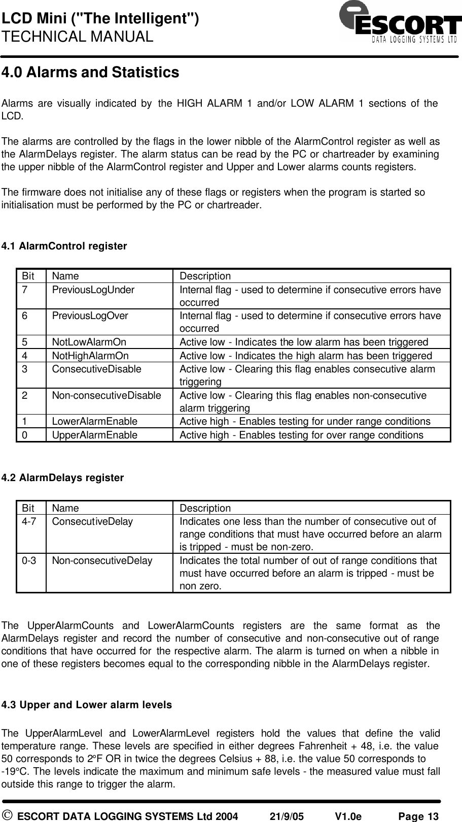 LCD Mini ("The Intelligent") TECHNICAL MANUAL ESCORT DATA LOGGING SYSTEMS Ltd 2004 21/9/05 V1.0e Page 13 4.0 Alarms and Statistics Alarms are visually indicated by the HIGH ALARM 1 and/or LOW ALARM 1 sections of the LCD. The alarms are controlled by the flags in the lower nibble of the AlarmControl register as well as the AlarmDelays register. The alarm status can be read by the PC or chartreader by examining the upper nibble of the AlarmControl register and Upper and Lower alarms counts registers. The firmware does not initialise any of these flags or registers when the program is started so initialisation must be performed by the PC or chartreader. 4.1 AlarmControl register Bit Name Description 7 PreviousLogUnder Internal flag - used to determine if consecutive errors have occurred 6 PreviousLogOver Internal flag - used to determine if consecutive errors have occurred 5 NotLowAlarmOn Active low - Indicates the low alarm has been triggered 4 NotHighAlarmOn Active low - Indicates the high alarm has been triggered 3 ConsecutiveDisable Active low - Clearing this flag enables consecutive alarm triggering 2 Non-consecutiveDisable Active low - Clearing this flag enables non-consecutive alarm triggering 1 LowerAlarmEnable Active high - Enables testing for under range conditions 0 UpperAlarmEnable Active high - Enables testing for over range conditions 4.2 AlarmDelays register Bit Name Description 4-7 ConsecutiveDelay Indicates one less than the number of consecutive out of range conditions that must have occurred before an alarm is tripped - must be non-zero. 0-3 Non-consecutiveDelay Indicates the total number of out of range conditions that must have occurred before an alarm is tripped - must be non zero. The UpperAlarmCounts and LowerAlarmCounts registers are the same format as the AlarmDelays register and record the number of consecutive and non-consecutive out of range conditions that have occurred for the respective alarm. The alarm is turned on when a nibble in one of these registers becomes equal to the corresponding nibble in the AlarmDelays register. 4.3 Upper and Lower alarm levels The UpperAlarmLevel and LowerAlarmLevel registers hold the values that define the valid temperature range. These levels are specified in either degrees Fahrenheit + 48, i.e. the value 50 corresponds to 2°F OR in twice the degrees Celsius + 88, i.e. the value 50 corresponds to -19°C. The levels indicate the maximum and minimum safe levels - the measured value must fall outside this range to trigger the alarm.
