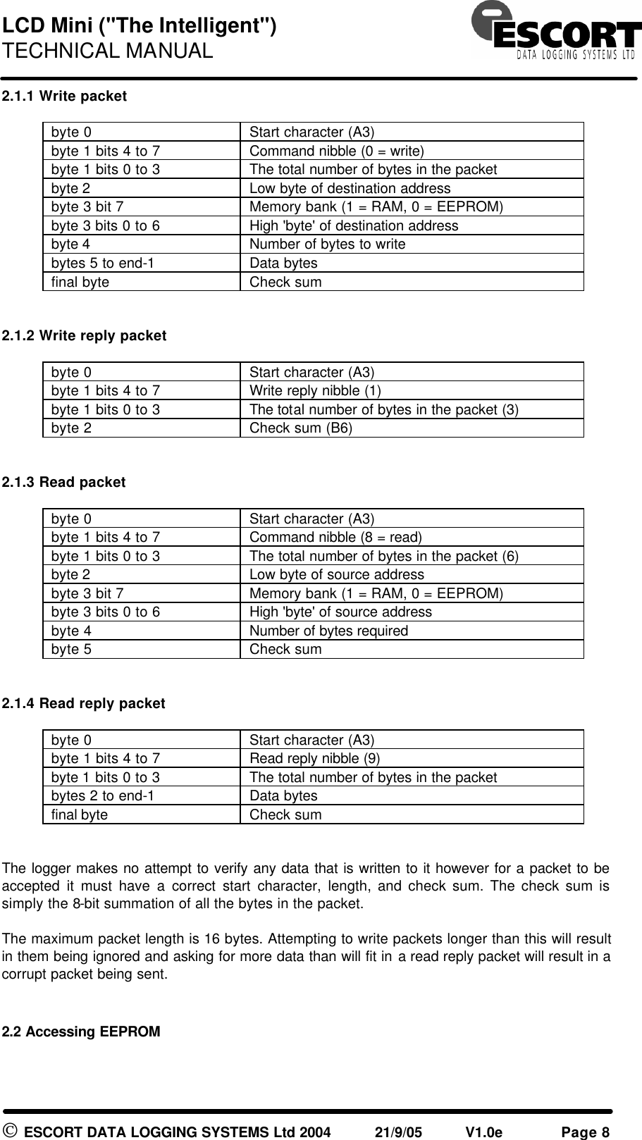 LCD Mini ("The Intelligent") TECHNICAL MANUAL ESCORT DATA LOGGING SYSTEMS Ltd 2004 21/9/05 V1.0e Page 8 2.1.1 Write packet byte 0 Start character (A3) byte 1 bits 4 to 7 Command nibble (0 = write) byte 1 bits 0 to 3 The total number of bytes in the packet byte 2 Low byte of destination address byte 3 bit 7 Memory bank (1 = RAM, 0 = EEPROM) byte 3 bits 0 to 6 High 'byte' of destination address byte 4 Number of bytes to write bytes 5 to end-1 Data bytes final byte Check sum 2.1.2 Write reply packet byte 0 Start character (A3) byte 1 bits 4 to 7 Write reply nibble (1) byte 1 bits 0 to 3 The total number of bytes in the packet (3) byte 2 Check sum (B6) 2.1.3 Read packet byte 0 Start character (A3) byte 1 bits 4 to 7 Command nibble (8 = read) byte 1 bits 0 to 3 The total number of bytes in the packet (6) byte 2 Low byte of source address byte 3 bit 7 Memory bank (1 = RAM, 0 = EEPROM) byte 3 bits 0 to 6 High 'byte' of source address byte 4 Number of bytes required byte 5 Check sum 2.1.4 Read reply packet byte 0 Start character (A3) byte 1 bits 4 to 7 Read reply nibble (9) byte 1 bits 0 to 3 The total number of bytes in the packet bytes 2 to end-1 Data bytes final byte Check sum The logger makes no attempt to verify any data that is written to it however for a packet to be accepted it must have a correct start character, length, and check sum. The check sum is simply the 8-bit summation of all the bytes in the packet. The maximum packet length is 16 bytes. Attempting to write packets longer than this will result in them being ignored and asking for more data than will fit in a read reply packet will result in a corrupt packet being sent. 2.2 Accessing EEPROM
