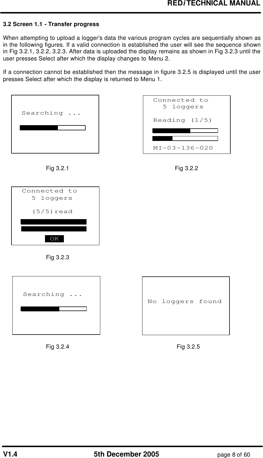 REDi TECHNICAL MANUAL V1.4 5th December 2005 page 8 of 60 3.2 Screen 1.1 - Transfer progress When attempting to upload a logger's data the various program cycles are sequentially shown as in the following figures. If a valid connection is established the user will see the sequence shown in Fig 3.2.1, 3.2.2, 3.2.3. After data is uploaded the display remains as shown in Fig 3.2.3 until the user presses Select after which the display changes to Menu 2. If a connection cannot be established then the message in figure 3.2.5 is displayed until the user presses Select after which the display is returned to Menu 1. Fig 3.2.1 Fig 3.2.2 Fig 3.2.3 Fig 3.2.4 Fig 3.2.5 Searching ... Connected to 5 loggers Reading (1/5) MI-03-136-020 Connected to 5 loggers (5/5)read .OK. . No loggers found Searching ...