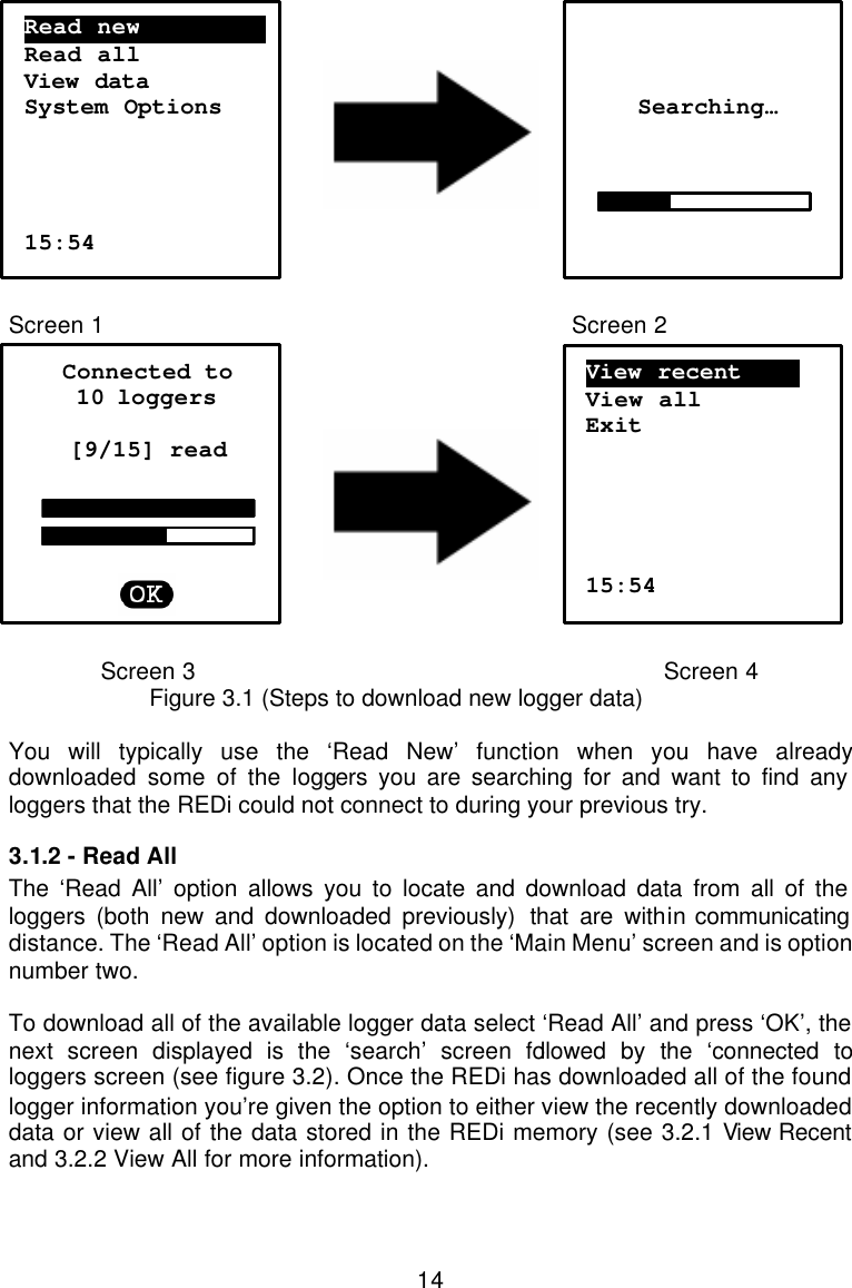  14       Screen 1    Screen 2       Screen  3    Screen  4   Figure 3.1 (Steps to download new logger data)  You will typically use the ‘Read New’ function when you have already downloaded some of the loggers you are searching for and want to find any loggers that the REDi could not connect to during your previous try.  3.1.2  - Read All The ‘Read All’ option allows you to locate and download data from all of the loggers (both new and downloaded previously) that are within communicating distance. The ‘Read All’ option is located on the ‘Main Menu’ screen and is option number two.  To download all of the available logger data select ‘Read All’ and press ‘OK’, the next screen displayed is the ‘search’ screen followed by the ‘connected to loggers screen (see figure 3.2). Once the REDi has downloaded all of the found logger information you’re given the option to either view the recently downloaded data or view all of the data stored in the REDi memory (see 3.2.1 View Recent and 3.2.2 View All for more information).  Read new……………………. Read all View data  System Options     15:54    Searching…     Connected to 10 loggers  [9/15] read        View recent………. View all Exit      15:54 