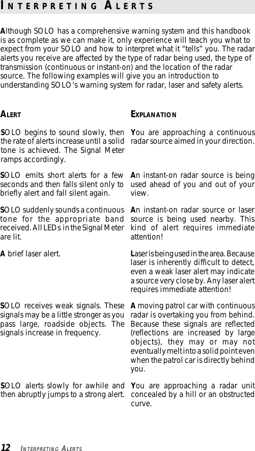 12    INTERPRETING ALERTSAlthough SOLO has a comprehensive warning system and this handbookis as complete as we can make it, only experience will teach you what toexpect from your SOLO and how to interpret what it “tells” you. The radaralerts you receive are affected by the type of radar being used, the type oftransmission (continuous or instant-on) and the location of the radarsource. The following examples will give you an introduction tounderstanding SOLO’s warning system for radar, laser and safety alerts.ALERT EXPLANATIONSOLO begins to sound slowly, thenthe rate of alerts increase until a solidtone is achieved. The Signal Meterramps accordingly.You are approaching a continuousradar source aimed in your direction.SOLO emits short alerts for a fewseconds and then falls silent only tobriefly alert and fall silent again.An instant-on radar source is beingused ahead of you and out of yourview.SOLO suddenly sounds a continuoustone for the appropriate bandreceived. All LEDs  in the Signal Meterare lit.An instant-on radar source or lasersource is being used nearby. Thiskind of alert requires immediateattention!A brief laser alert. Laser is being used in the area. Becauselaser is inherently difficult to detect,even a weak laser alert may indicatea source very close by. Any laser alertrequires immediate attention!A moving patrol car with continuousradar is overtaking you from behind.Because these signals are reflected(reflections are increased by largeobjects), they may or may noteventually melt into a solid point evenwhen the patrol car is directly behindyou.SOLO receives weak signals. Thesesignals may be a little stronger as youpass large, roadside objects. Thesignals increase in frequency.SOLO alerts slowly for awhile andthen abruptly jumps to a strong alert. You are approaching a radar unitconcealed by a hill or an obstructedcurve.I N T E R P R E T I N G  A L E R T S