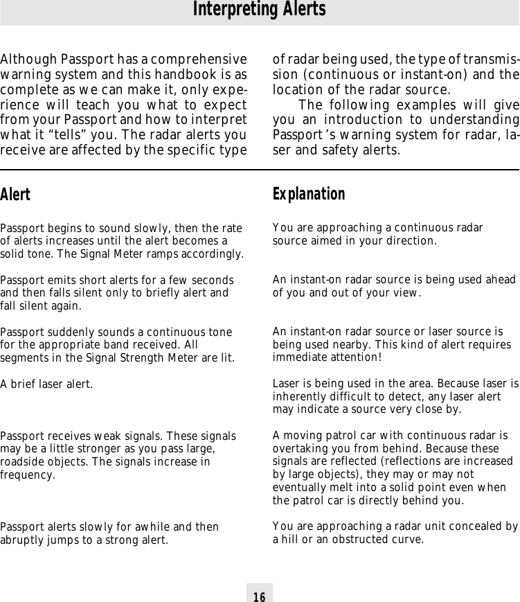 16Although Passport has a comprehensivewarning system and this handbook is ascomplete as we can make it, only expe-rience will teach you what to expectfrom your Passport and how to interpretwhat it “tells” you. The radar alerts youreceive are affected by the specific typeAlertPassport begins to sound slowly, then the rateof alerts increases until the alert becomes asolid tone. The Signal Meter ramps accordingly.Passport emits short alerts for a few secondsand then falls silent only to briefly alert andfall silent again.Passport suddenly sounds a continuous tonefor the appropriate band received. Allsegments in the Signal Strength Meter are lit.A brief laser alert.Passport receives weak signals. These signalsmay be a little stronger as you pass large,roadside objects. The signals increase infrequency.Passport alerts slowly for awhile and thenabruptly jumps to a strong alert.ExplanationYou are approaching a continuous radarsource aimed in your direction.An instant-on radar source is being used aheadof you and out of your view.An instant-on radar source or laser source isbeing used nearby. This kind of alert requiresimmediate attention!Laser is being used in the area. Because laser isinherently difficult to detect, any laser alertmay indicate a source very close by.A moving patrol car with continuous radar isovertaking you from behind. Because thesesignals are reflected (reflections are increasedby large objects), they may or may noteventually melt into a solid point even whenthe patrol car is directly behind you.You are approaching a radar unit concealed bya hill or an obstructed curve.Interpreting Alertsof radar being used, the type of transmis-sion (continuous or instant-on) and thelocation of the radar source.The following examples will giveyou an introduction to understandingPassport ’s warning system for radar, la-ser and safety alerts.