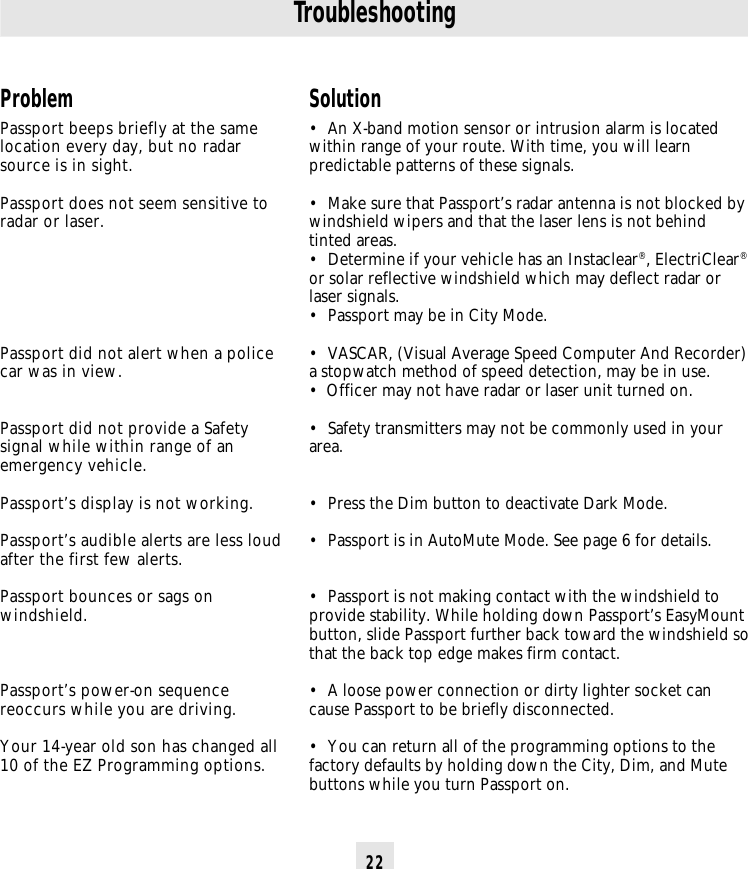 22ProblemPassport beeps briefly at the samelocation every day, but no radarsource is in sight.Passport does not seem sensitive toradar or laser.Passport did not alert when a policecar was in view.Passport did not provide a Safetysignal while within range of anemergency vehicle.Passport’s display is not working.Passport’s audible alerts are less loudafter the first few alerts.Passport bounces or sags onwindshield.Passport’s power-on sequencereoccurs while you are driving.Your 14-year old son has changed all10 of the EZ Programming options.TroubleshootingSolution• An X-band motion sensor or intrusion alarm is locatedwithin range of your route. With time, you will learnpredictable patterns of these signals.• Make sure that Passport’s radar antenna is not blocked bywindshield wipers and that the laser lens is not behindtinted areas.• Determine if your vehicle has an Instaclear®, ElectriClear®or solar reflective windshield which may deflect radar orlaser signals.• Passport may be in City Mode.• VASCAR, (Visual Average Speed Computer And Recorder)a stopwatch method of speed detection, may be in use.•  Officer may not have radar or laser unit turned on.• Safety transmitters may not be commonly used in yourarea.• Press the Dim button to deactivate Dark Mode.• Passport is in AutoMute Mode. See page 6 for details.• Passport is not making contact with the windshield toprovide stability. While holding down Passport’s EasyMountbutton, slide Passport further back toward the windshield sothat the back top edge makes firm contact.• A loose power connection or dirty lighter socket cancause Passport to be briefly disconnected.• You can return all of the programming options to thefactory defaults by holding down the City, Dim, and Mutebuttons while you turn Passport on.