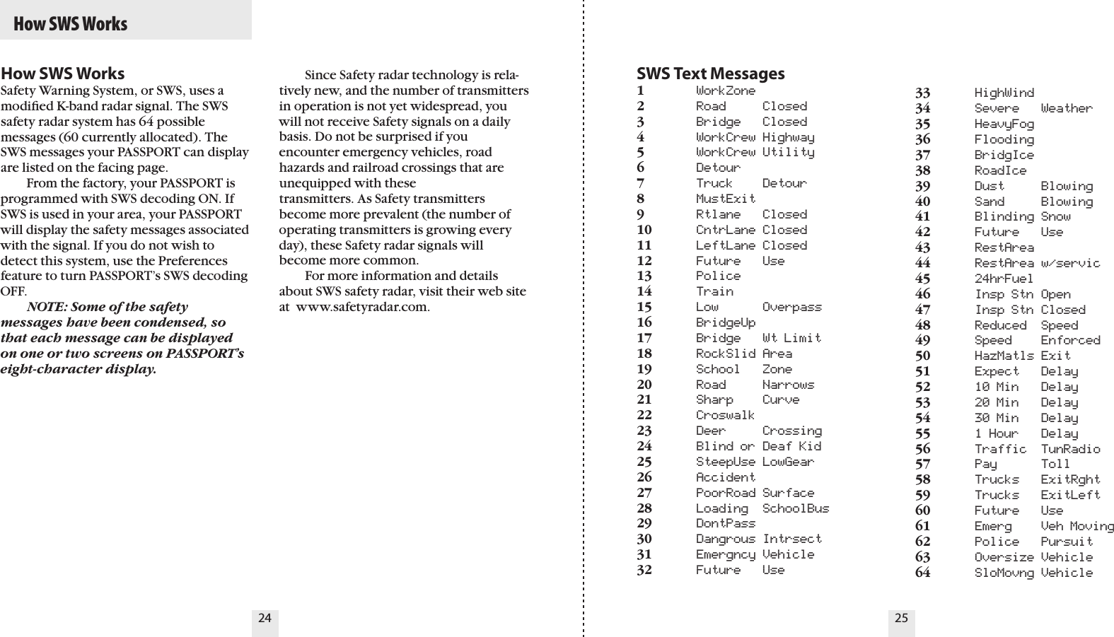 24 25  How SWS WorksSWS Text Messages1  WorkZone2  Road  Closed3  Bridge  Closed4  WorkCrew Highway5  WorkCrew Utility6  Detour7  Truck  Detour8  MustExit9  Rtlane  Closed10  CntrLane Closed11  LeftLane Closed12  Future  Use13  Police14  Train15  Low  Overpass16  BridgeUp17  Bridge  Wt Limit18  RockSlid Area19  School  Zone20  Road  Narrows21  Sharp  Curve22  Croswalk23  Deer  Crossing24  Blind or Deaf Kid25  SteepUse LowGear26  Accident27  PoorRoad Surface28  Loading  SchoolBus29  DontPass30  Dangrous Intrsect31  Emergncy Vehicle32  Future  Use33  HighWind34  Severe  Weather35  HeavyFog36  Flooding37  BridgIce38  RoadIce39  Dust  Blowing40  Sand  Blowing41  Blinding Snow42  Future  Use43  RestArea44  RestArea w/servic45  24hrFuel46  Insp Stn Open47  Insp Stn Closed48  Reduced  Speed49  Speed  Enforced50  HazMatls Exit51  Expect  Delay52  10 Min  Delay53  20 Min  Delay54  30 Min  Delay55  1 Hour  Delay56  Traffic  TunRadio57  Pay  Toll58  Trucks  ExitRght59  Trucks  ExitLeft60  Future  Use61  Emerg  Veh Moving62  Police  Pursuit63  Oversize Vehicle64  SloMovng VehicleHow SWS WorksSafety Warning System, or SWS, uses a modiﬁed K-band radar signal. The SWS safety radar system has 64 possible messages (60 currently allocated). The SWS messages your PASSPORT can display are listed on the facing page.  From the factory, your PASSPORT is programmed with SWS decoding ON. If SWS is used in your area, your PASSPORT will display the safety messages associated with the signal. If you do not wish to detect this system, use the Preferences feature to turn PASSPORT’s SWS decoding OFF. NOTE: Some of the safety messages have been condensed, so that each message can be displayed on one or two screens on PASSPORT’s eight-character display.  Since Safety radar technology is rela-tively new, and the number of transmitters in operation is not yet widespread, you will not receive Safety signals on a daily basis. Do not be surprised if you encounter emergency vehicles, road hazards and railroad crossings that are unequipped with thesetransmitters. As Safety transmitters become more prevalent (the number of operating transmitters is growing every day), these Safety radar signals will become more common.  For more information and details about SWS safety radar, visit their web site at  www.safetyradar.com.