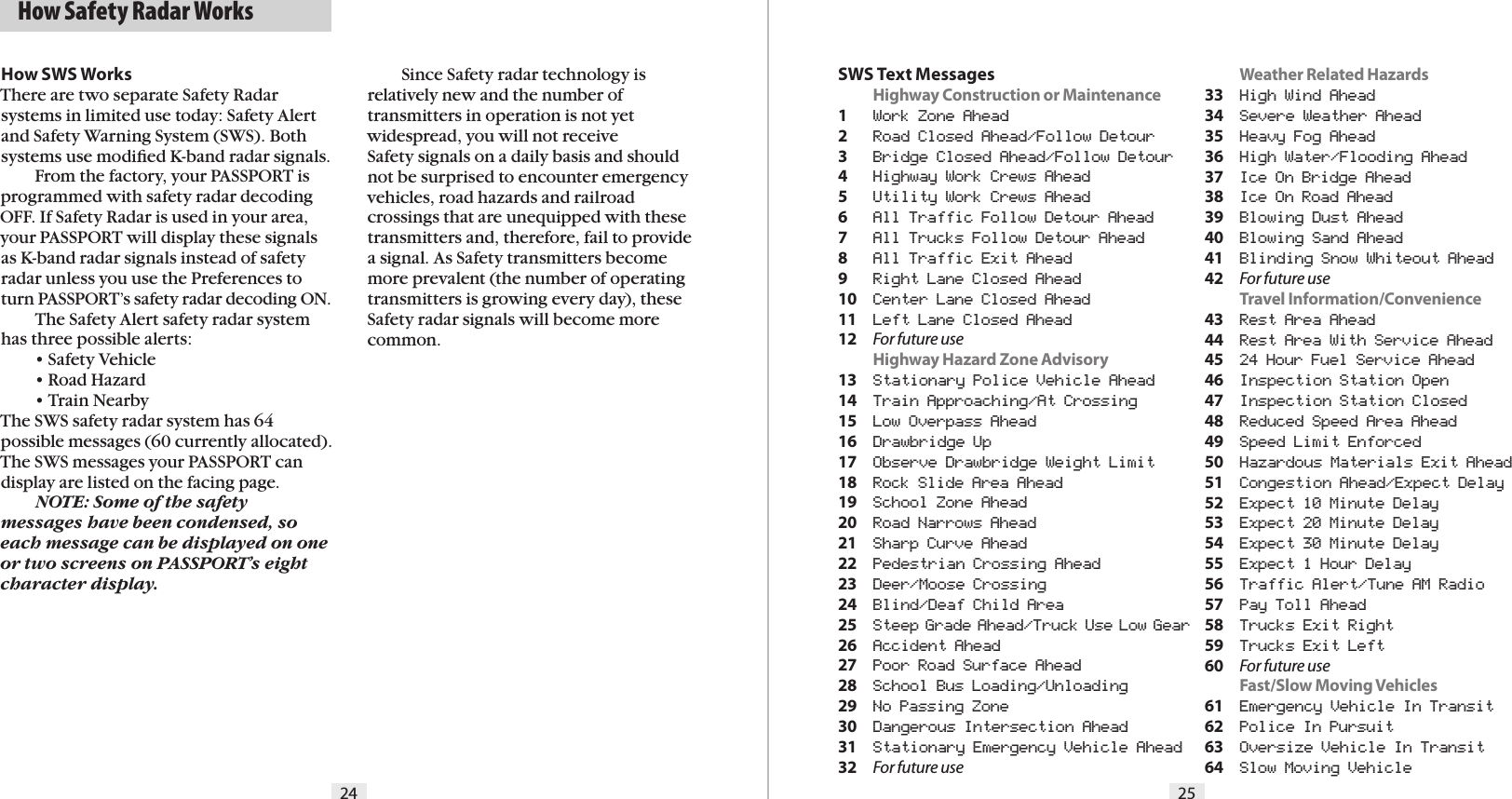 24 25  How Safety Radar WorksSWS Text Messages Highway Construction or Maintenance1  Work Zone Ahead2  Road Closed Ahead/Follow Detour3  Bridge Closed Ahead/Follow Detour4  Highway Work Crews Ahead5  Utility Work Crews Ahead6   All Traffic Follow Detour Ahead7  All Trucks Follow Detour Ahead8  All Traffic Exit Ahead9  Right Lane Closed Ahead10  Center Lane Closed Ahead11  Left Lane Closed Ahead12  For future use Highway Hazard Zone Advisory13  Stationary Police Vehicle Ahead14  Train Approaching/At Crossing15  Low Overpass Ahead16  Drawbridge Up17  Observe Drawbridge Weight Limit18  Rock Slide Area Ahead19  School Zone Ahead20  Road Narrows Ahead21  Sharp Curve Ahead22  Pedestrian Crossing Ahead23  Deer/Moose Crossing24  Blind/Deaf Child Area25  Steep Grade Ahead/Truck Use Low Gear26  Accident Ahead27  Poor Road Surface Ahead28  School Bus Loading/Unloading29  No Passing Zone30  Dangerous Intersection Ahead31  Stationary Emergency Vehicle Ahead32  For future use Weather Related Hazards33  High Wind Ahead34  Severe Weather Ahead35  Heavy Fog Ahead36  High Water/Flooding Ahead37  Ice On Bridge Ahead38  Ice On Road Ahead39  Blowing Dust Ahead40  Blowing Sand Ahead41  Blinding Snow Whiteout Ahead42  For future use Travel Information/Convenience43  Rest Area Ahead44  Rest Area With Service Ahead45  24 Hour Fuel Service Ahead46  Inspection Station Open47  Inspection Station Closed48  Reduced Speed Area Ahead49  Speed Limit Enforced50  Hazardous Materials Exit Ahead51  Congestion Ahead/Expect Delay52  Expect 10 Minute Delay53  Expect 20 Minute Delay54  Expect 30 Minute Delay55  Expect 1 Hour Delay56  Traffic Alert/Tune AM Radio57  Pay Toll Ahead58  Trucks Exit Right59  Trucks Exit Left60  For future use Fast/Slow Moving Vehicles61  Emergency Vehicle In Transit62  Police In Pursuit63  Oversize Vehicle In Transit64  Slow Moving VehicleHow SWS WorksThere are two separate Safety Radar systems in limited use today: Safety Alert and Safety Warning System (SWS). Both systems use modiﬁed K-band radar signals.  From the factory, your PASSPORT is programmed with safety radar decoding OFF. If Safety Radar is used in your area, your PASSPORT will display these signals as K-band radar signals instead of safety radar unless you use the Preferences to turn PASSPORT’s safety radar decoding ON.  The Safety Alert safety radar system has three possible alerts:  • Safety Vehicle  • Road Hazard  • Train NearbyThe SWS safety radar system has 64 possible messages (60 currently allocated). The SWS messages your PASSPORT can display are listed on the facing page. NOTE: Some of the safety messages have been condensed, so each message can be displayed on one or two screens on PASSPORT’s eight character display.  Since Safety radar technology is relatively new and the number oftransmitters in operation is not yet widespread, you will not receiveSafety signals on a daily basis and should not be surprised to encounter emergency vehicles, road hazards and railroad crossings that are unequipped with these transmitters and, therefore, fail to provide a signal. As Safety transmitters become more prevalent (the number of operating transmitters is growing every day), these Safety radar signals will become more common.