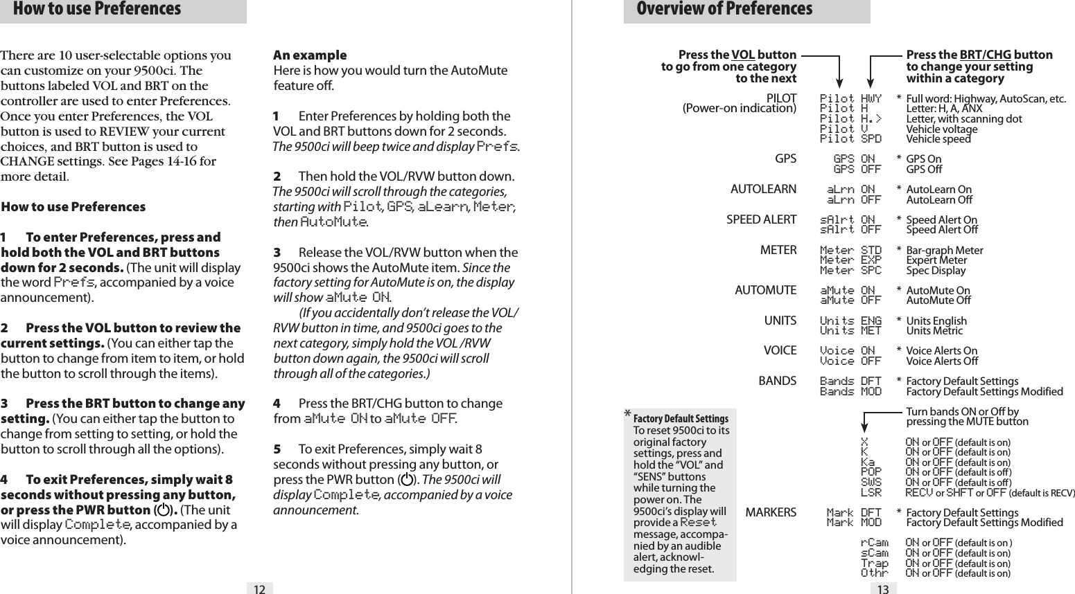 12 13  How to use PreferencesThere are 10 user-selectable options you can customize on your 9500ci. The buttons labeled VOL and BRT on the controller are used to enter Preferences. Once you enter Preferences, the VOL button is used to REVIEW your current choices, and BRT button is used to CHANGE settings. See Pages 14-16 for more detail.How to use Preferences1  To enter Preferences, press and hold both the VOL and BRT buttons down for 2 seconds. (The unit will display the word Prefs, accompanied by a voice announcement).2  Press the VOL button to review the current settings. (You can either tap the button to change from item to item, or hold the button to scroll through the items).3  Press the BRT button to change any setting. (You can either tap the button to change from setting to setting, or hold the button to scroll through all the options).4  To exit Preferences, simply wait 8 seconds without pressing any button, or press the PWR button (). (The unit will display Complete, accompanied by a voice announcement).An exampleHere is how you would turn the AutoMute feature oﬀ.1  Enter Preferences by holding both the VOL and BRT buttons down for 2 seconds. The 9500ci will beep twice and display Prefs.2  Then hold the VOL/RVW button down. The 9500ci will scroll through the categories, starting with Pilot, GPS, aLearn, Meter, then AutoMute. 3  Release the VOL/RVW button when the 9500ci shows the AutoMute item. Since the factory setting for AutoMute is on, the display will show aMute ON.  (If you accidentally don’t release the VOL/RVW button in time, and 9500ci goes to the next category, simply hold the VOL /RVW button down again, the 9500ci will scroll through all of the categories.)4  Press the BRT/CHG button to change from aMute ON to aMute OFF.5  To exit Preferences, simply wait 8 seconds without pressing any button, or press the PWR button (). The 9500ci will display Complete, accompanied by a voice announcement.  Overview of PreferencesPress the VOL buttonto go from one categoryto the nextPILOT(Power-on indication)GPSAUTOLEARNSPEED ALERTMETERAUTOMUTEUNITSVOICEBANDSMARKERS* Factory Default SettingsTo reset 9500ci to its original factory settings, press and hold the “VOL” and “SENS” buttons while turning the power on. The 9500ci’s display will provide a Reset message, accompa-nied by an audible alert, acknowl-edging the reset.  Pilot HWY  Pilot H  Pilot H.&gt;  Pilot V  Pilot SPD  GPS ON  GPS OFF  aLrn ON  aLrn OFF  sAlrt ON  sAlrt OFF  Meter STD  Meter EXP  Meter SPC  aMute ON  aMute OFF  Units ENG  Units MET  Voice ON  Voice OFF  Bands DFT           Bands MOD  X  ON or OFF (default is on)  K  ON or OFF (default is on)  Ka  ON or OFF (default is on)  POP  ON or OFF (default is off)  SWS  ON or OFF (default is off)  LSR  RECV or SHFT or OFF (default is RECV)  Mark DFT           Mark MOD  rCam  ON or OFF (default is on )  sCam  ON or OFF (default is on)  Trap  ON or OFF (default is on)  Othr  ON or OFF (default is on) Press the BRT/CHG button  to change your setting  within a category*  Full word: Highway, AutoScan, etc.  Letter: H, A, ANX  Letter, with scanning dot  Vehicle voltage   Vehicle speed*  GPS On   GPS Off *  AutoLearn On   AutoLearn Off*  Speed Alert On   Speed Alert Off*  Bar-graph Meter   Expert Meter  Spec Display *  AutoMute On   AutoMute Off*  Units English   Units Metric*  Voice Alerts On   Voice Alerts Off *  Factory Default Settings  Factory Default Settings Modified   Turn bands ON or Off by   pressing the MUTE button*  Factory Default Settings  Factory Default Settings Modified