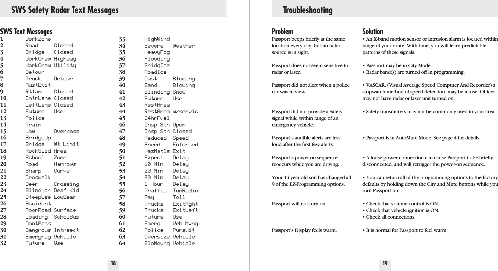 SWS Safety Radar Text Messages Troubleshooting18 19SWS Text Messages1WorkZone2Road Closed3Bridge Closed4WorkCrew Highway5WorkCrew Utility6Detour7Truck Detour8MustExit9Rtlane Closed10 CntrLane Closed11 LeftLane Closed12 Future Use13 Police14 Train15 Low Overpass16 BridgeUp17 Bridge Wt Limit18 RockSlid Area19 School Zone20 Road Narrows21 Sharp Curve22 Croswalk23 Deer Crossing24 Blind or Deaf Kid25 SteepUse LowGear26 Accident27 PoorRoad Surface28 Loading ScholBus29 DontPass30 Dangrous Intrsect31 Emergncy Vehicle32 Future Use33 HighWind34 Severe Weather35 HeavyFog36 Flooding37 BridgIce38 RoadIce39 Dust Blowing40 Sand Blowing41 Blinding Snow42 Future Use43 RestArea44 RestArea w/servic45 24hrFuel46 Insp Stn Open47 Insp Stn Closed48 Reduced Speed49 Speed Enforced50 HazMatls Exit51 Expect Delay52 10 Min Delay53 20 Min Delay54 30 Min Delay55 1 Hour Delay56 Traffic TunRadio57 Pay Toll58 Trucks ExitRght59 Trucks ExitLeft60 Future Use61 Emerg Veh Mvng62 Police Pursuit63 Oversize Vehicle64 SloMovng VehicleProblemPassport beeps briefly at the samelocation every day, but no radarsource is in sight.Passport does not seem sensitive toradar or laser.Passport did not alert when a policecar was in view.Passport did not provide a Safetysignal while within range of anemergency vehicle.Passport’s audible alerts are lessloud after the first few alerts.Passport’s power-on sequence reoccurs while you are driving. Your 14-year old son has changed all9 of the EZ-Programming options.Passport will not turn on.Passport’s Display feels warm.Solution• An X-band motion sensor or intrusion alarm is located withinrange of your route. With time, you will learn predictablepatterns of these signals.• Passport may be in City Mode.• Radar band(s) are turned off in programming.• VASCAR, (Visual Average Speed Computer And Recorder) astopwatch method of speed detection, may be in use. Officermay not have radar or laser unit turned on.• Safety transmitters may not be commonly used in your area.• Passport is in AutoMute Mode. See page 4 for details.• A loose power connection can cause Passport to be brieflydisconnected, and will retrigger the power-on sequence.• You can return all of the programming options to the factorydefaults by holding down the City and Mute buttons while youturn Passport on.• Check that volume control is ON.• Check that vehicle ignition is ON.• Check all connections.• It is normal for Passport to feel warm.