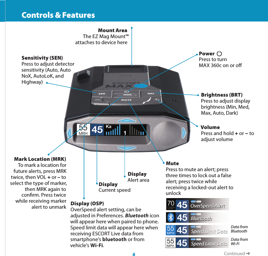 Continued ➜6  Controls &amp; FeaturesModular ConnectorPlugs into detector jack    Controls &amp; FeaturesDisplay (OSP)OverSpeed alert setting, can be adjusted in Preferences. Bluetooth icon will appear here when paired to phone. Speed limit data will appear here when receiving ESCORT Live data from smartphone’s bluetooth or from vehicle’s Wi-Fi. Mark Location (MRK)To mark a location for future alerts, press MRK twice, then VOL + or – to select the type of marker, then MRK again to conrm. Press twice while receiving marker alert to unmarkDisplayCurrent speedPower  Press to turn  MAX 360c on or oMutePress to mute an alert; press three times to lock out a false alert; press twice while receiving a locked-out alert to unlockBrightness (BRT)Press to adjust display brightness (Min, Med, Max, Auto, Dark)Sensitivity (SEN)Press to adjust detector sensitivity (Auto, Auto NoX, AutoLoK, and Highway)VolumePress and hold + or − to adjust volumeMount AreaThe EZ Mag Mount™ attaches to device hereDisplayAlert areaOverSpeed AlertBluetoothSpeed Limit DataSpeed Limit DataSpeed Limit DataSpeed Limit DataData from BluetoothData from  Wi-Fi