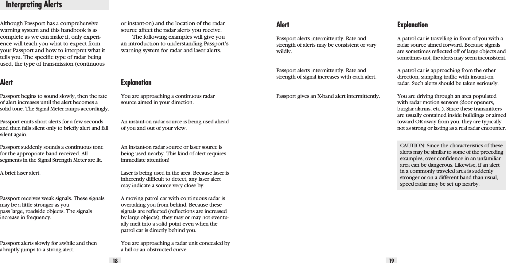 Interpreting Alerts18 19Although Passport has a comprehensivewarning system and this handbook is ascomplete as we can make it, only experi-ence will teach you what to expect fromyour Passport and how to interpret what ittells you. The specific type of radar beingused, the type of transmission (continuousor instant-on) and the location of the radarsource affect the radar alerts you receive.The following examples will give youan introduction to understanding Passport’swarning system for radar and laser alerts.ExplanationYou are approaching a continuous radarsource aimed in your direction.  An instant-on radar source is being used aheadof you and out of your view. An instant-on radar source or laser source isbeing used nearby. This kind of alert requiresimmediate attention!Laser is being used in the area. Because laser isinherently difficult to detect, any laser alertmay indicate a source very close by. A moving patrol car with continuous radar isovertaking you from behind. Because thesesignals are reflected (reflections are increasedby large objects), they may or may not eventu-ally melt into a solid point even when thepatrol car is directly behind you. You are approaching a radar unit concealed bya hill or an obstructed curve.ExplanationA patrol car is travelling in front of you with aradar source aimed forward. Because signalsare sometimes reflected off of large objects andsometimes not, the alerts may seem inconsistent.A patrol car is approaching from the otherdirection, sampling traffic with instant-onradar. Such alerts should be taken seriously.  You are driving through an area populatedwith radar motion sensors (door openers,burglar alarms, etc.). Since these transmittersare usually contained inside buildings or aimedtoward OR away from you, they are typicallynot as strong or lasting as a real radar encounter.CAUTION: Since the characteristics of these alerts may be similar to some of the precedingexamples, over confidence in an unfamiliararea can be dangerous. Likewise, if an alertin a commonly traveled area is suddenlystronger or on a different band than usual,speed radar may be set up nearby.AlertPassport begins to sound slowly, then the rateof alert increases until the alert becomes asolid tone. The Signal Meter ramps accordingly.Passport emits short alerts for a few secondsand then falls silent only to briefly alert and fallsilent again.         Passport suddenly sounds a continuous tonefor the appropriate band received. Allsegments in the Signal Strength Meter are lit.A brief laser alert. Passport receives weak signals. These signalsmay be a little stronger as youpass large, roadside objects. The signalsincrease in frequency.         Passport alerts slowly for awhile and thenabruptly jumps to a strong alert.AlertPassport alerts intermittently. Rate andstrength of alerts may be consistent or varywildly.         Passport alerts intermittently. Rate andstrength of signal increases with each alert.         Passport gives an X-band alert intermittently.      