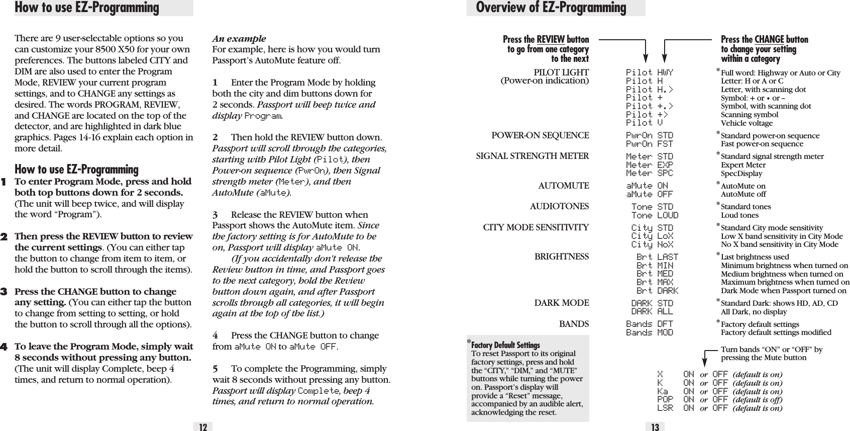 How to use EZ-Programming Overview of EZ-Programming12 13There are 9 user-selectable options so youcan customize your 8500 X50 for your ownpreferences. The buttons labeled CITY andDIM are also used to enter the ProgramMode, REVIEW your current programsettings, and to CHANGE any settings asdesired. The words PROGRAM, REVIEW,and CHANGE are located on the top of thedetector, and are highlighted in dark bluegraphics. Pages 14-16 explain each option inmore detail.How to use EZ-ProgrammingTo enter Program Mode, press and holdboth top buttons down for 2 seconds.(The unit will beep twice, and will displaythe word “Program”).Then press the REVIEW button to reviewthe current settings. (You can either tapthe button to change from item to item, orhold the button to scroll through the items).Press the CHANGE button to changeany setting. (You can either tap the buttonto change from setting to setting, or holdthe button to scroll through all the options).To leave the Program Mode, simply wait8 seconds without pressing any button.(The unit will display Complete, beep 4times, and return to normal operation).Press the REVIEW buttonto go from one categoryto the nextPILOT LIGHT(Power-on indication)POWER-ON SEQUENCESIGNAL STRENGTH METERAUTOMUTEAUDIOTONESCITY MODE SENSITIVITYBRIGHTNESSDARK MODEBANDS*Factory Default SettingsTo reset Passport to its originalfactory settings, press and holdthe “CITY,” “DIM,” and “MUTE”buttons while turning the poweron. Passport’s display willprovide a “Reset” message,accompanied by an audible alert,acknowledging the reset.1234An exampleFor example, here is how you would turnPassport’s AutoMute feature off. 1Enter the Program Mode by holdingboth the city and dim buttons down for 2 seconds. Passport will beep twice anddisplay Program.2Then hold the REVIEW button down. Passport will scroll through the categories,starting with Pilot Light (Pilot), thenPower-on sequence (PwrOn), then Signalstrength meter (Meter), and thenAutoMute (aMute).3Release the REVIEW button whenPassport shows the AutoMute item. Sincethe factory setting is for AutoMute to beon, Passport will display aMute ON .(If you accidentally don&apos;t release theReview button in time, and Passport goesto the next category, hold the Reviewbutton down again, and after Passportscrolls through all categories, it will beginagain at the top of the list.)4Press the CHANGE button to changefrom aMute ON to aMute OFF.5To complete the Programming, simplywait 8 seconds without pressing any button.Passport will display Complete, beep 4times, and return to normal operation.Pilot HWYPilot HPilot H.&gt;Pilot +Pilot +.&gt;Pilot +&gt;Pilot VPwrOn STDPwrOn FSTMeter STDMeter EXPMeter SPCaMute ONaMute OFFTone STDTone LOUDCity STDCity LoXCity NoXBrt LASTBrt MINBrt MEDBrt MAXBrt DARKDARK STDDARK ALLBands DFTBands MODXONor OFF (default is on)KONor OFF (default is on)Ka ON or OFF (default is on)POP ON or OFF (default is off)LSR ON or OFF (default is on)Press the CHANGE buttonto change your settingwithin a category*Full word: Highway or Auto or CityLetter: H or A or CLetter, with scanning dotSymbol: + or •or --Symbol, with scanning dotScanning symbolVehicle voltage*Standard power-on sequenceFast power-on sequence*Standard signal strength meterExpert MeterSpecDisplay*AutoMute onAutoMute off*Standard tonesLoud tones*Standard City mode sensitivityLow X band sensitivity in City ModeNo X band sensitivity in City Mode*Last brightness usedMinimum brightness when turned onMedium brightness when turned onMaximum brightness when turned onDark Mode when Passport turned on*Standard Dark: shows HD, AD, CDAll Dark, no display*Factory default settingsFactory default settings modifiedTurn bands “ON” or “OFF” by pressing the Mute button