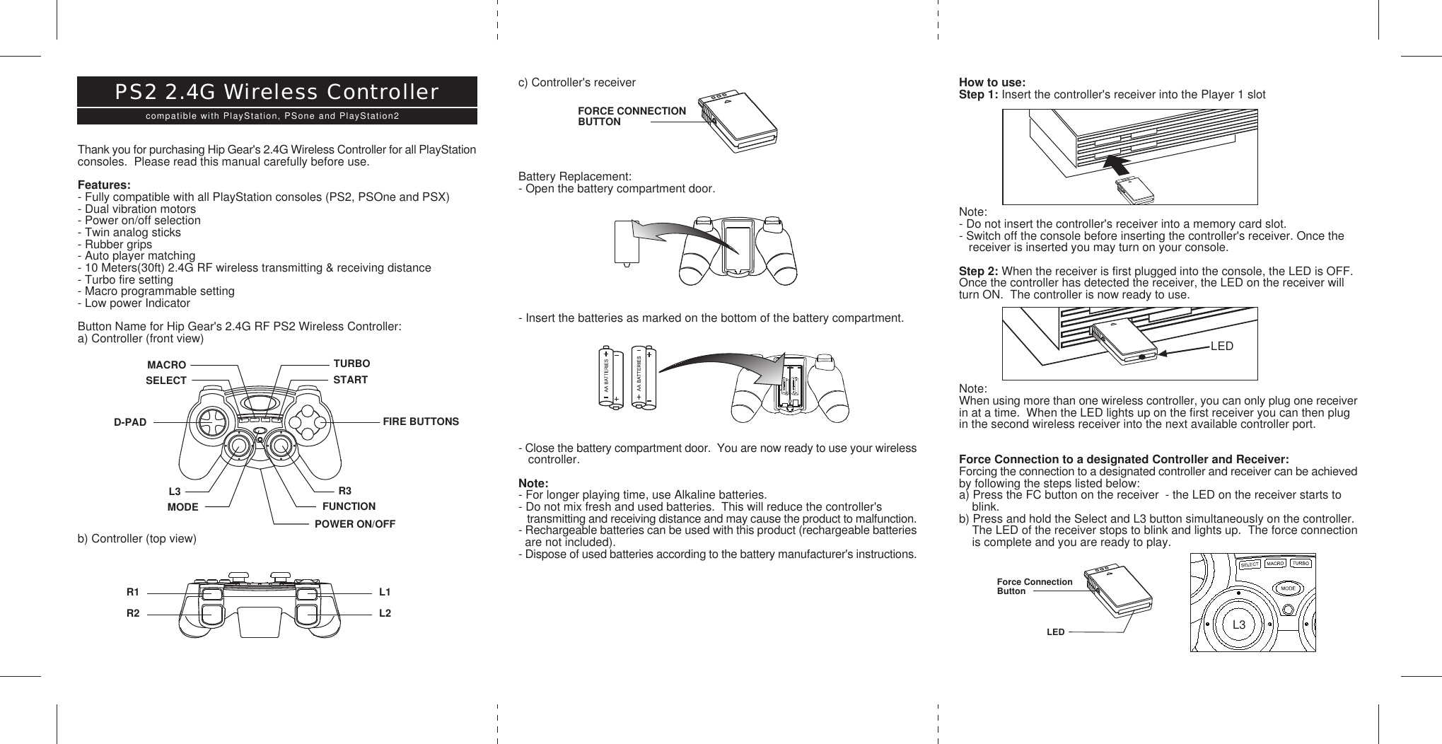 How to use:Step 1: Insert the controller&apos;s receiver into the Player 1 slotNote:- Do not insert the controller&apos;s receiver into a memory card slot.- Switch off the console before inserting the controller&apos;s receiver. Once the   receiver is inserted you may turn on your console.Step 2: When the receiver is first plugged into the console, the LED is OFF.Once the controller has detected the receiver, the LED on the receiver willturn ON.  The controller is now ready to use.Note:When using more than one wireless controller, you can only plug one receiverin at a time.  When the LED lights up on the first receiver you can then plugin the second wireless receiver into the next available controller port.Force Connection to a designated Controller and Receiver:Forcing the connection to a designated controller and receiver can be achievedby following the steps listed below:a) Press the FC button on the receiver  - the LED on the receiver starts to    blink.b) Press and hold the Select and L3 button simultaneously on the controller.    The LED of the receiver stops to blink and lights up.  The force connection    is complete and you are ready to play.c) Controller&apos;s receiverBattery Replacement:- Open the battery compartment door.- Insert the batteries as marked on the bottom of the battery compartment.- Close the battery compartment door.  You are now ready to use your wireless   controller.Note:- For longer playing time, use Alkaline batteries.- Do not mix fresh and used batteries.  This will reduce the controller&apos;s   transmitting and receiving distance and may cause the product to malfunction.- Rechargeable batteries can be used with this product (rechargeable batteries  are not included).- Dispose of used batteries according to the battery manufacturer&apos;s instructions.Thank you for purchasing Hip Gear&apos;s 2.4G Wireless Controller for all PlayStationconsoles.  Please read this manual carefully before use.Features:- Fully compatible with all PlayStation consoles (PS2, PSOne and PSX)- Dual vibration motors- Power on/off selection- Twin analog sticks- Rubber grips- Auto player matching- 10 Meters(30ft) 2.4G RF wireless transmitting &amp; receiving distance- Turbo fire setting- Macro programmable setting- Low power IndicatorButton Name for Hip Gear&apos;s 2.4G RF PS2 Wireless Controller:a) Controller (front view)b) Controller (top view)PS2 2.4G Wireless Controllercompatible with PlayStation, PSone and PlayStation2TURBOMACROSELECT STARTMODEPOWER ON/OFFFUNCTIONR3L3D-PAD FIRE BUTTONSR1R2L1L2FORCE CONNECTIONBUTTONLEDL3Force ConnectionButtonLED