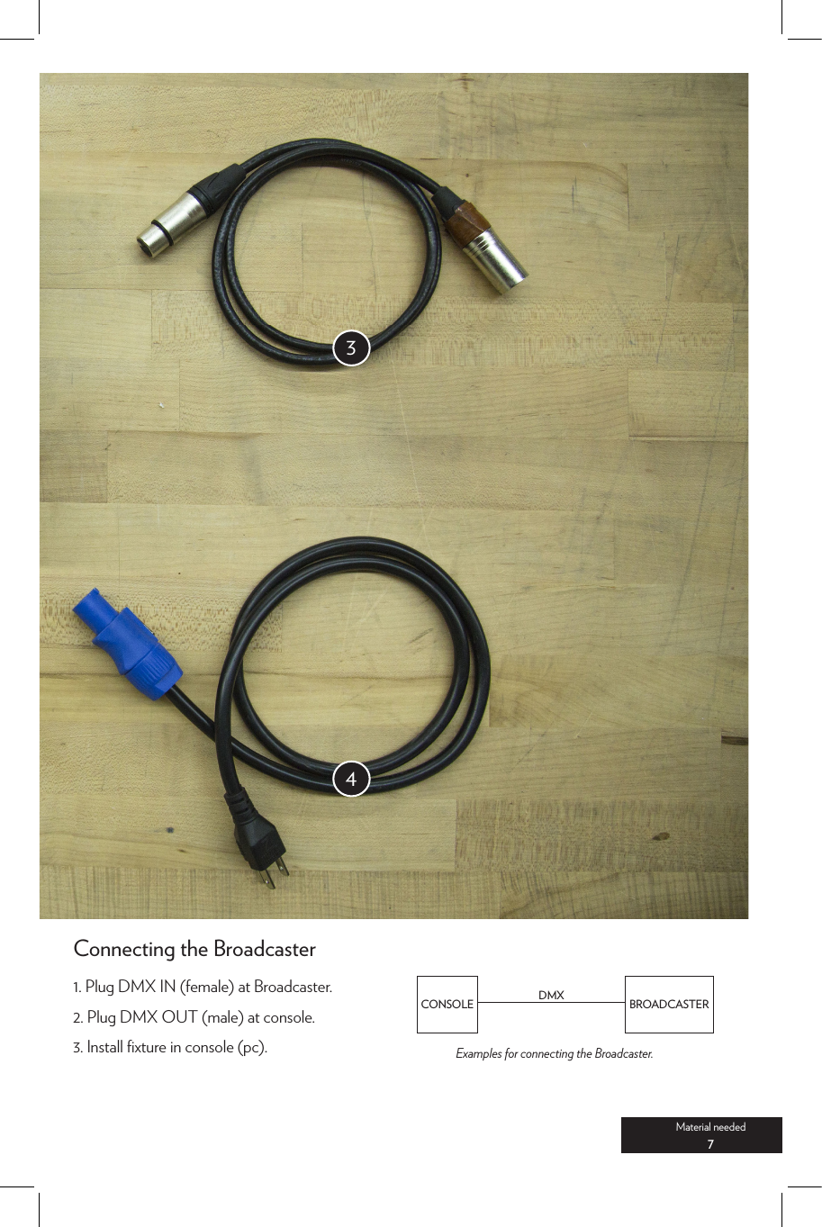 1. Plug DMX IN (female) at Broadcaster.2. Plug DMX OUT (male) at console. 3. Install ﬁxture in console (pc).Connecting the BroadcasterMaterial needed7CONSOLE BROADCASTERDMXExamples for connecting the Broadcaster.43