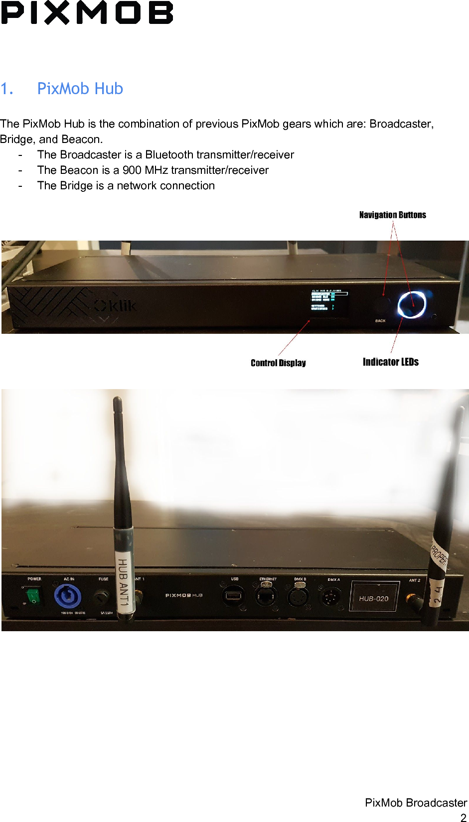 1. PixMobHubThe PixMob Hub is the combination of previous PixMob gears which are: Broadcaster, Bridge, and Beacon. - The Broadcaster is a Bluetooth transmitter/receiver - The Beacon is a 900 MHz transmitter/receiver - The Bridge is a network connection PixMob Broadcaster 2 