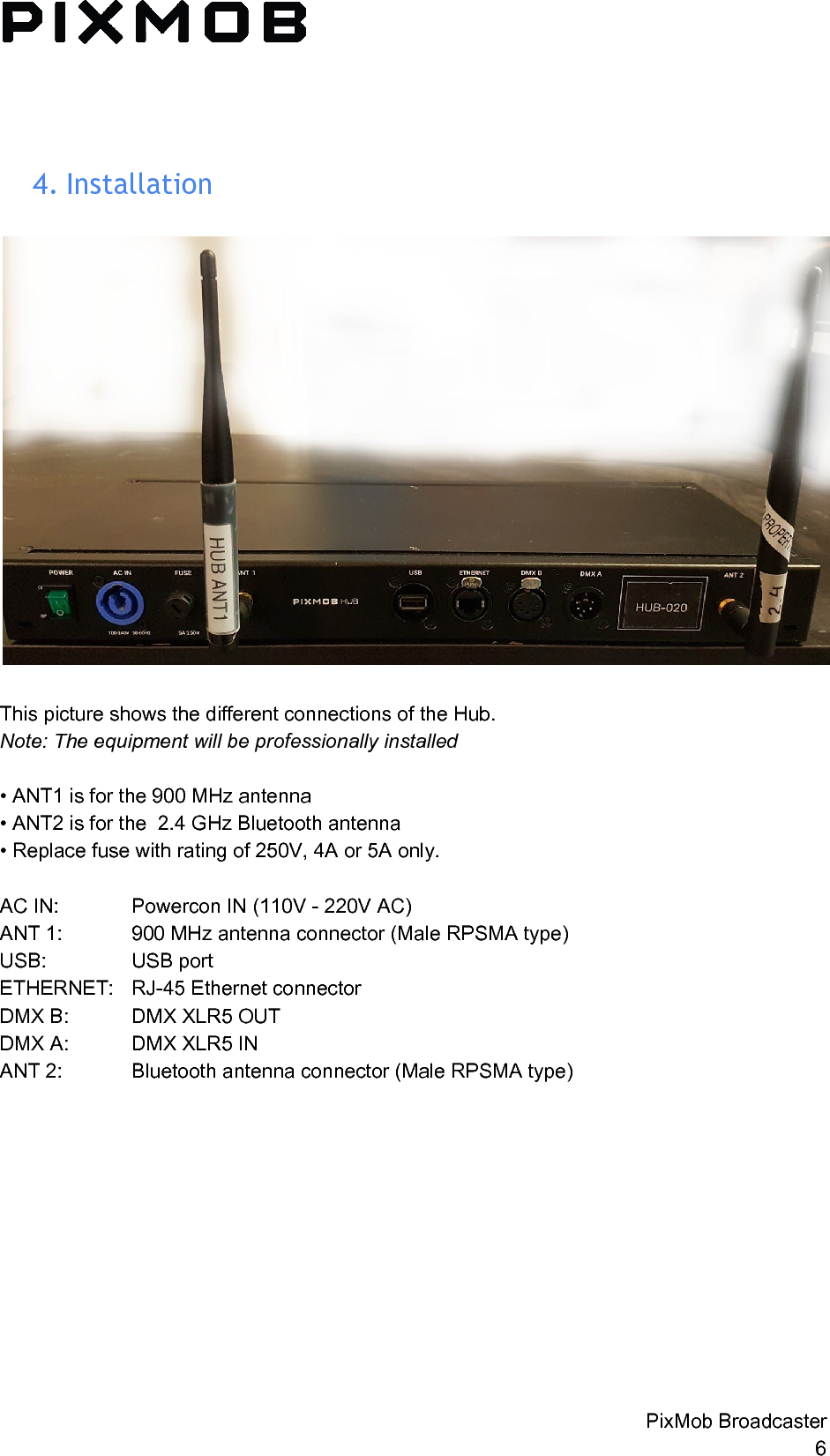   4. Installation   This picture shows the different connections of the Hub.  Note: The equipment will be professionally installed  • ANT1 is for the 900 MHz antenna • ANT2 is for the  2.4 GHz Bluetooth antenna • Replace fuse with rating of 250V, 4A or 5A only.  AC IN: Powercon IN (110V - 220V AC) ANT 1: 900 MHz antenna connector (Male RPSMA type) USB: USB port ETHERNET: RJ-45 Ethernet connector DMX B: DMX XLR5 OUT DMX A: DMX XLR5 IN ANT 2: Bluetooth antenna connector (Male RPSMA type)     PixMob Broadcaster 6 