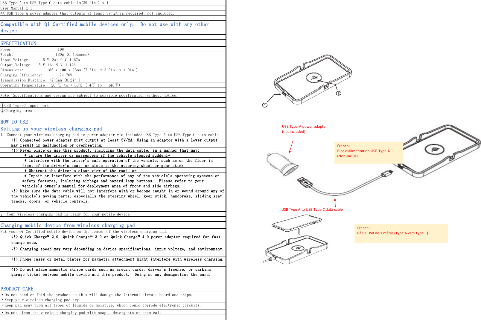 USB Type A to USB Type C data cable 1m(39.4in.) x 1User Manual x 1*A USB Type-A power adapter that outputs at least 5V⎓2A is required; not included.Compatible with Qi Certified mobile devices only.  Do not use with any otherdevice.SPECIFICATIONPower:                     10WWeight:                   180g (6.4ounces)Input Voltage:      5 V⎓2A; 9 V⎓1.67AOutput Voltage:   5 V⎓1A; 9 V⎓1.12ADimensions:           185 x 100 x 26mm (7.3in. x 3.9in. x 1.0in.)Charging Efficiency:        ≥ 70%Transmission Distance: ≤ 6mm (0.2in.)Operating Temperature: -20 ℃ to + 60℃ (-4℉ to + 140℉)Note: Specifications and design are subject to possible modification without notice.①USB Type-C input port②Charging areaHOW TO USESetting up your wireless charging pad1. Connect your wireless charging pad to power adapter via included USB Type A to USB Type C data cable.&lt;!&gt; Connected power adapter must output at least 5V/2A. Using an adaptor with a lower outputmay result in malfunction or overheating.&lt;!&gt; Never place or use this product, including the data cable, in a manner that may: * Injure the driver or passengers if the vehicle stopped suddenly * Interfere with the driver&apos;s safe operation of the vehicle, such as on the floor infront of the driver&apos;s seat, or close to the steering wheel or gear stick * Obstruct the driver&apos;s clear view of the road, or * Impair or interfere with the performance of any of the vehicle&apos;s operating systems orsafety features, including airbags and hazard lamp buttons.  Please refer to yourvehicle&apos;s owner&apos;s manual for deployment area of front and side airbags.&lt;!&gt; Make sure the data cable will not interfere with or become caught in or wound around any ofthe vehicle&apos;s moving parts, especially the steering wheel, gear stick, handbrake, sliding seattracks, doors, or vehicle controls.2. Your wireless charging pad is ready for your mobile device.Charging mobile device from wireless charging padPut your Qi Certified mobile device on the center of the wireless charging pad.&lt;!&gt; Quick Charge™ 2.0, Quick Charge™ 3.0 or Quick Charge™ 4.0 power adapter required for fastcharge mode.&lt;!&gt; Charging speed may vary depending on device specifications, input voltage, and environment.&lt;!&gt; Phone cases or metal plates for magnetic attachment might interfere with wireless charging.&lt;!&gt; Do not place magnetic stripe cards such as credit cards, driver&apos;s license, or parkinggarage ticket between mobile device and this product.  Doing so may demagnetize the card.PRODUCT CARE・Do not bend or fold the product as this will damage the internal circuit board and chips.・Keep your wireless charging pad dry.・Keep pad away from all types of liquids or moisture, which could corrode electronic circuits.・Do not clean the wireless charging pad with soaps, detergents or chemicals USB Type-A power adapter(not included)USB Type A to USB Type C data cableFrench:Bloc d&apos;alimentation USB Type A(Non-inclus)French:Câble USB de 1 mêtre (Type A vers Type C)