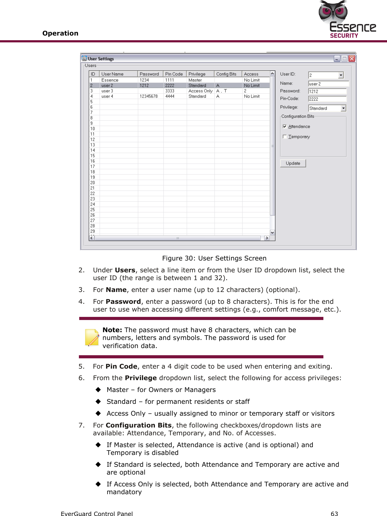 Operation       EverGuard Control Panel  63   Figure 30: User Settings Screen 2.  Under Users, select a line item or from the User ID dropdown list, select the user ID (the range is between 1 and 32). 3.  For Name, enter a user name (up to 12 characters) (optional).  4.  For Password, enter a password (up to 8 characters). This is for the end user to use when accessing different settings (e.g., comfort message, etc.).  Note: The password must have 8 characters, which can be numbers, letters and symbols. The password is used for verification data.  5.  For Pin Code, enter a 4 digit code to be used when entering and exiting. 6.  From the Privilege dropdown list, select the following for access privileges:  Master – for Owners or Managers  Standard – for permanent residents or staff  Access Only – usually assigned to minor or temporary staff or visitors 7.  For Configuration Bits, the following checkboxes/dropdown lists are available: Attendance, Temporary, and No. of Accesses.  If Master is selected, Attendance is active (and is optional) and Temporary is disabled  If Standard is selected, both Attendance and Temporary are active and are optional  If Access Only is selected, both Attendance and Temporary are active and mandatory 