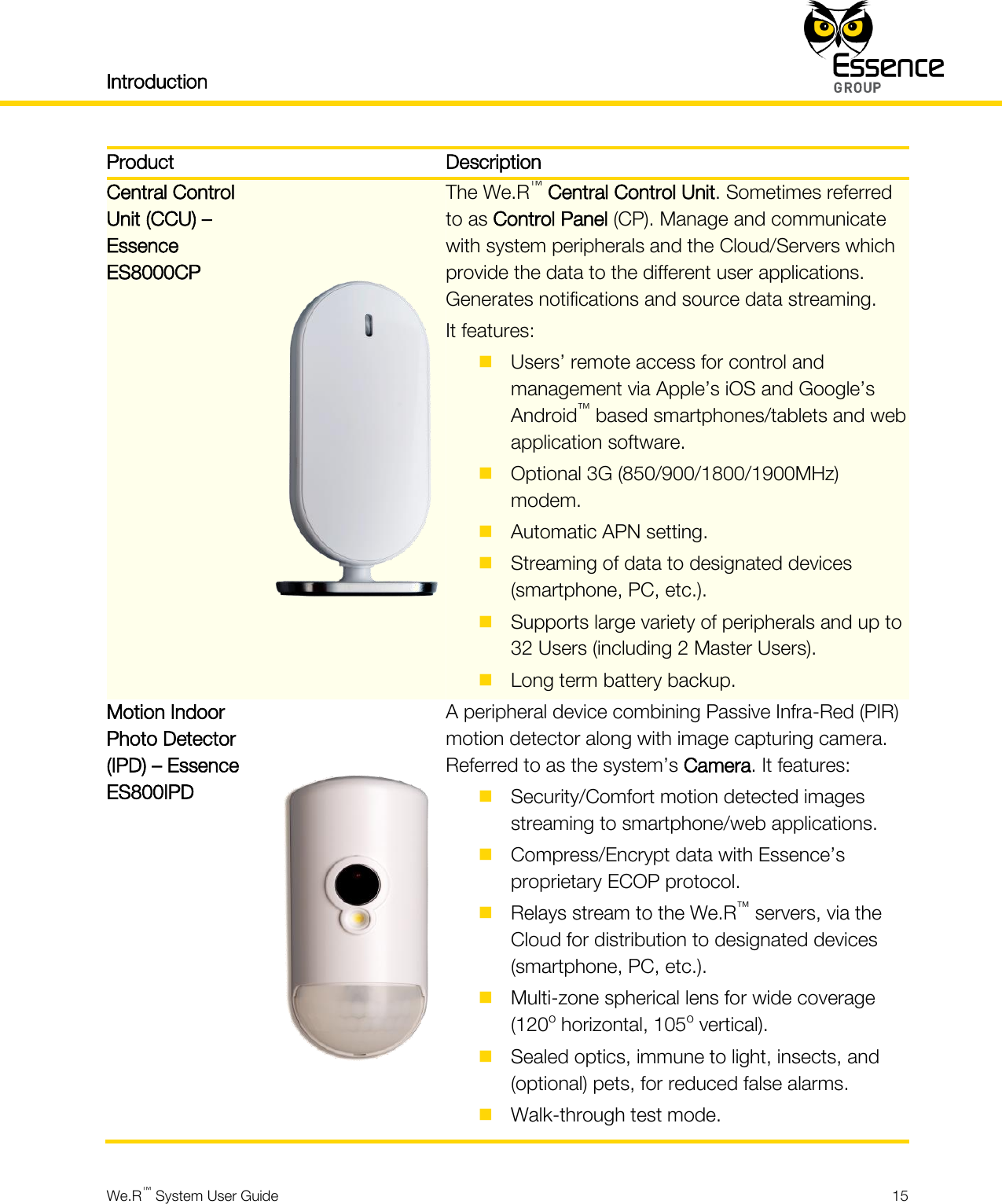 Introduction    We.R™ System User Guide  15  Product  Description Central Control Unit (CCU) – Essence ES8000CP  The We.R™ Central Control Unit. Sometimes referred to as Control Panel (CP). Manage and communicate with system peripherals and the Cloud/Servers which provide the data to the different user applications. Generates notifications and source data streaming. It features:  Users’ remote access for control and management via Apple’s iOS and Google’s Android™ based smartphones/tablets and web application software.  Optional 3G (850/900/1800/1900MHz) modem.  Automatic APN setting.  Streaming of data to designated devices (smartphone, PC, etc.).  Supports large variety of peripherals and up to 32 Users (including 2 Master Users).  Long term battery backup. Motion Indoor Photo Detector (IPD) – Essence ES800IPD  A peripheral device combining Passive Infra-Red (PIR) motion detector along with image capturing camera. Referred to as the system’s Camera. It features:  Security/Comfort motion detected images streaming to smartphone/web applications.  Compress/Encrypt data with Essence’s proprietary ECOP protocol.  Relays stream to the We.R™ servers, via the Cloud for distribution to designated devices (smartphone, PC, etc.).  Multi-zone spherical lens for wide coverage (120o horizontal, 105o vertical).  Sealed optics, immune to light, insects, and (optional) pets, for reduced false alarms.  Walk-through test mode. 