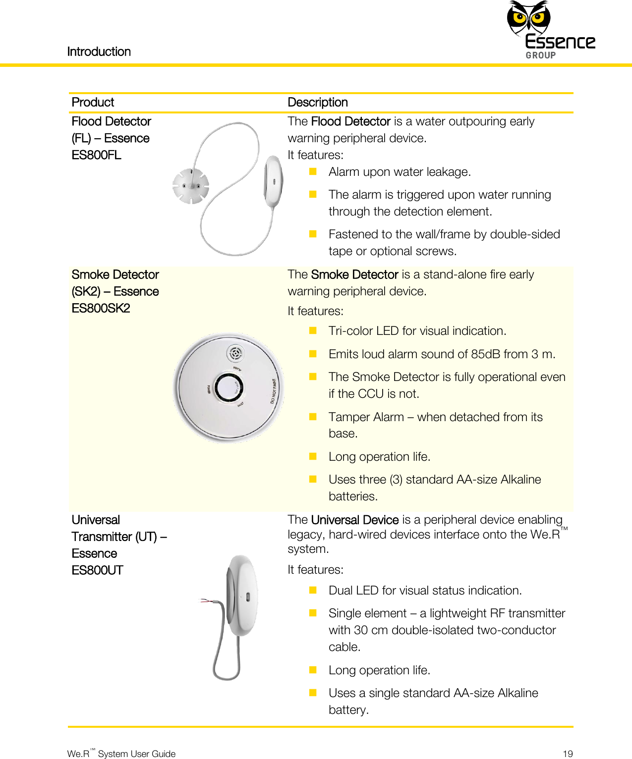 Introduction    We.R™ System User Guide  19  Product  Description Flood Detector (FL) – Essence ES800FL  The Flood Detector is a water outpouring early warning peripheral device. It features:  Alarm upon water leakage.  The alarm is triggered upon water running through the detection element.  Fastened to the wall/frame by double-sided tape or optional screws. Smoke Detector (SK2) – Essence ES800SK2  The Smoke Detector is a stand-alone fire early warning peripheral device. It features:  Tri-color LED for visual indication.  Emits loud alarm sound of 85dB from 3 m.  The Smoke Detector is fully operational even if the CCU is not.  Tamper Alarm – when detached from its base.  Long operation life.  Uses three (3) standard AA-size Alkaline batteries. Universal Transmitter (UT) – Essence ES800UT  The Universal Device is a peripheral device enabling legacy, hard-wired devices interface onto the We.R™ system. It features:  Dual LED for visual status indication.  Single element – a lightweight RF transmitter with 30 cm double-isolated two-conductor cable.  Long operation life.  Uses a single standard AA-size Alkaline battery. 