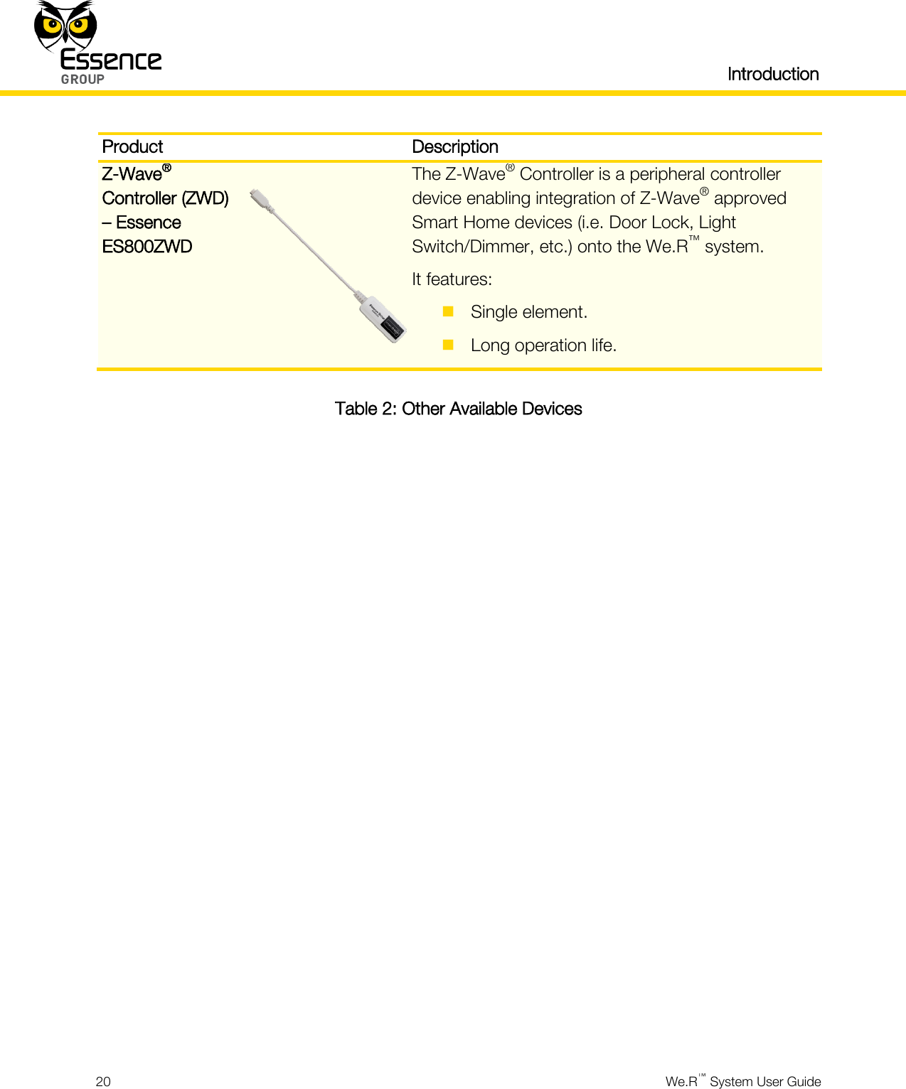   Introduction  20  We.R™ System User Guide  Product  Description Z-Wave® Controller (ZWD) – Essence ES800ZWD  The Z-Wave® Controller is a peripheral controller device enabling integration of Z-Wave® approved Smart Home devices (i.e. Door Lock, Light Switch/Dimmer, etc.) onto the We.R™ system. It features:  Single element.  Long operation life. Table 2: Other Available Devices   