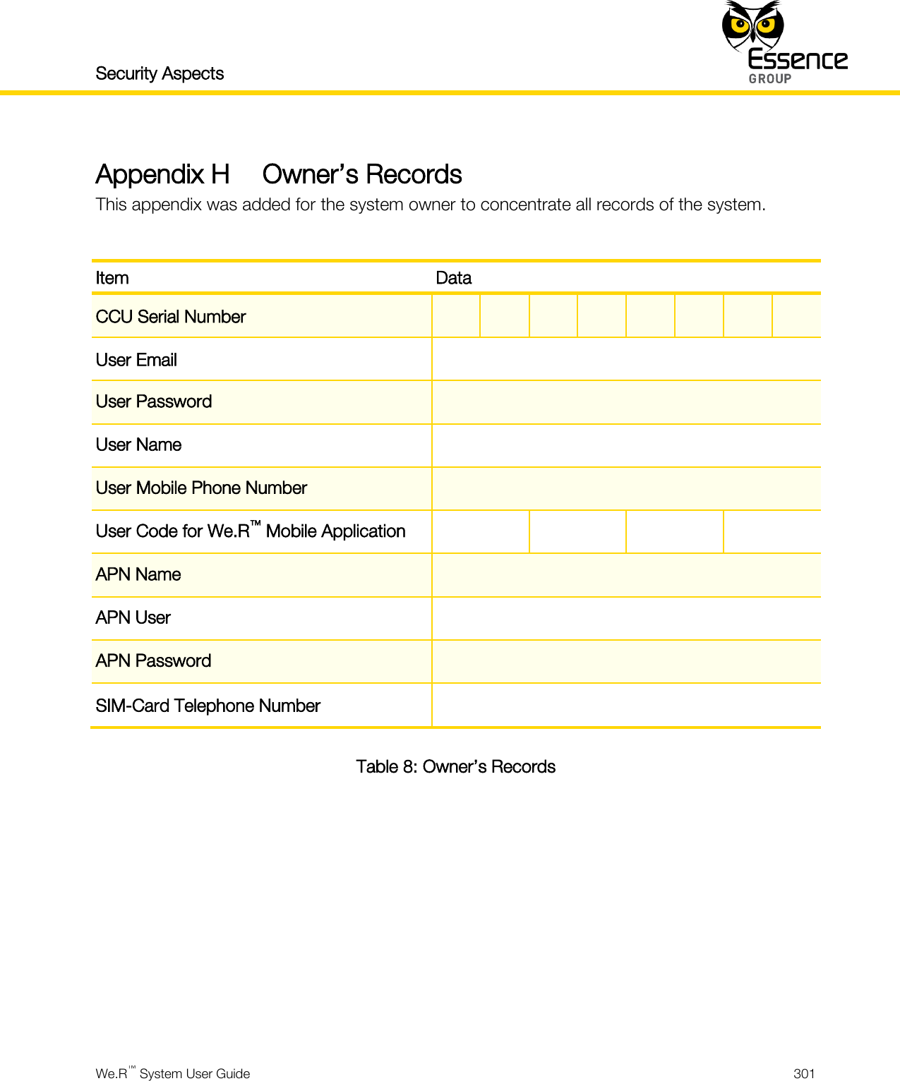 Security Aspects    We.R™ System User Guide  301  Appendix H Owner’s Records This appendix was added for the system owner to concentrate all records of the system.  Item Data CCU Serial Number         User Email  User Password  User Name  User Mobile Phone Number  User Code for We.R™ Mobile Application     APN Name  APN User  APN Password  SIM-Card Telephone Number  Table 8: Owner’s Records     