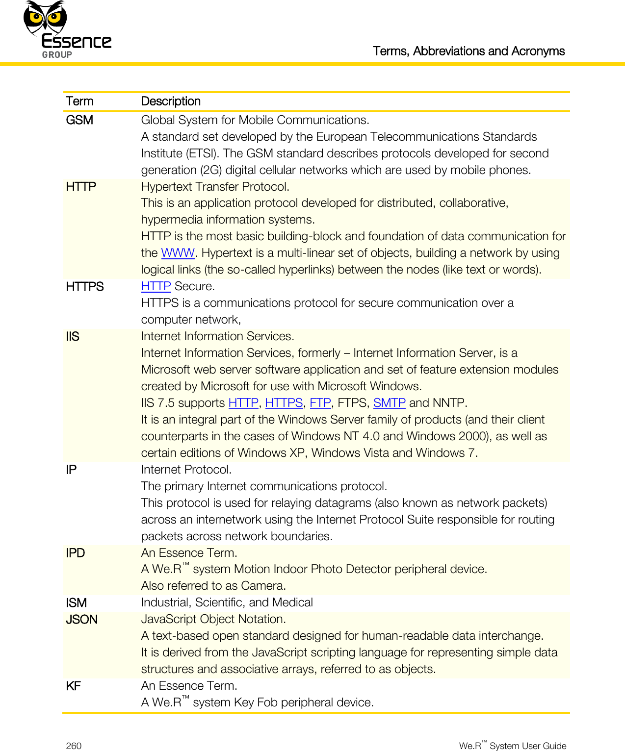   Terms, Abbreviations and Acronyms  260  We.R™ System User Guide  Term Description GSM Global System for Mobile Communications. A standard set developed by the European Telecommunications Standards Institute (ETSI). The GSM standard describes protocols developed for second generation (2G) digital cellular networks which are used by mobile phones. HTTP Hypertext Transfer Protocol. This is an application protocol developed for distributed, collaborative, hypermedia information systems. HTTP is the most basic building-block and foundation of data communication for the WWW. Hypertext is a multi-linear set of objects, building a network by using logical links (the so-called hyperlinks) between the nodes (like text or words). HTTPS HTTP Secure. HTTPS is a communications protocol for secure communication over a computer network, IIS Internet Information Services. Internet Information Services, formerly – Internet Information Server, is a Microsoft web server software application and set of feature extension modules created by Microsoft for use with Microsoft Windows. IIS 7.5 supports HTTP, HTTPS, FTP, FTPS, SMTP and NNTP. It is an integral part of the Windows Server family of products (and their client counterparts in the cases of Windows NT 4.0 and Windows 2000), as well as certain editions of Windows XP, Windows Vista and Windows 7. IP Internet Protocol. The primary Internet communications protocol. This protocol is used for relaying datagrams (also known as network packets) across an internetwork using the Internet Protocol Suite responsible for routing packets across network boundaries. IPD An Essence Term. A We.R™ system Motion Indoor Photo Detector peripheral device. Also referred to as Camera. ISM Industrial, Scientific, and Medical JSON JavaScript Object Notation. A text-based open standard designed for human-readable data interchange. It is derived from the JavaScript scripting language for representing simple data structures and associative arrays, referred to as objects. KF An Essence Term. A We.R™ system Key Fob peripheral device. 