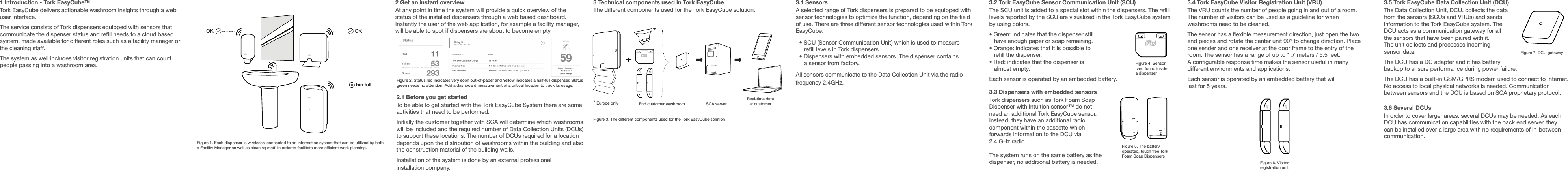 1 Introduction - Tork EasyCubeTMTork EasyCube delivers actionable washroom insights through a web user interface.The service consists of Tork dispensers equipped with sensors that communicate the dispenser status and rell needs to a cloud based system, made available for different roles such as a facility manager or the cleaning staff.The system as well includes visitor registration units that can count people passing into a washroom area.Figure 1. Each dispenser is wirelessly connected to an information system that can be utilized by both a Facility Manager as well as cleaning staff, in order to facilitate more efcient work planning.OK OKbin full2 Get an instant overviewAt any point in time the system will provide a quick overview of the status of the installed dispensers through a web based dashboard. Instantly the user of the web application, for example a facility manager, will be able to spot if dispensers are about to become empty.2.1 Before you get startedTo be able to get started with the Tork EasyCube System there are some activities that need to be performed.Initially the customer together with SCA will determine which washrooms will be included and the required number of Data Collection Units (DCUs) to support these locations. The number of DCUs required for a location depends upon the distribution of washrooms within the building and also the construction material of the building walls.Installation of the system is done by an external professional installation company.3 Technical components used in Tork EasyCubeThe different components used for the Tork EasyCube solution:*3.1 SensorsA selected range of Tork dispensers is prepared to be equipped with sensor technologies to optimize the function, depending on the eld of use. There are three different sensor technologies used within Tork EasyCube:• SCU (Sensor Communication Unit) which is used to measure    rell levels in Tork dispensers• Dispensers with embedded sensors. The dispenser contains    a sensor from factory.All sensors communicate to the Data Collection Unit via the radio frequency 2.4GHz.3.2 Tork EasyCube Sensor Communication Unit (SCU)The SCU unit is added to a special slot within the dispensers. The rell levels reported by the SCU are visualized in the Tork EasyCube system by using colors.• Green: indicates that the dispenser still    have enough paper or soap remaining.• Orange: indicates that it is possible to    rell the dispenser.• Red: indicates that the dispenser is    almost empty.Each sensor is operated by an embedded battery.3.3 Dispensers with embedded sensorsTork dispensers such as Tork Foam Soap Dispenser with Intuition sensor™ do not need an additional Tork EasyCube sensor. Instead, they have an additional radio component within the cassette which forwards information to the DCU via 2.4 GHz radio.The system runs on the same battery as the dispenser, no additional battery is needed.3.4 Tork EasyCube Visitor Registration Unit (VRU)The VRU counts the number of people going in and out of a room. The number of visitors can be used as a guideline for when washrooms need to be cleaned.The sensor has a exible measurement direction, just open the two end pieces and rotate the center unit 90° to change direction. Place one sender and one receiver at the door frame to the entry of the room. The sensor has a range of up to 1.7 meters / 5.5 feet. A congurable response time makes the sensor useful in many different environments and applications.Each sensor is operated by an embedded battery that will last for 5 years.3.5 Tork EasyCube Data Collection Unit (DCU)The Data Collection Unit, DCU, collects the data from the sensors (SCUs and VRUs) and sends information to the Tork EasyCube system. The DCU acts as a communication gateway for all the sensors that have been paired with it. The unit collects and processes incoming sensor data.The DCU has a DC adapter and it has battery backup to ensure performance during power failure.The DCU has a built-in GSM/GPRS modem used to connect to Internet. No access to local physical networks is needed. Communication between sensors and the DCU is based on SCA proprietary protocol.3.6 Several DCUsIn order to cover larger areas, several DCUs may be needed. As each DCU has communication capabilities with the back end server, they can be installed over a large area with no requirements of in-between communication.Figure 2. Status red indicates very soon out-of-paper and Yellow indicates a half-full dispenser. Status green needs no attention. Add a dashboard measurement of a critical location to track its usage.Figure 3. The different components used for the Tork EasyCube solution* Europe only End customer washroom SCA serverReal-time dataat customerFigure 4. Sensor card found inside a dispenserFigure 6. Visitorregistration unitFigure 7. DCU gatewayFigure 5. The battery operated, touch free Tork Foam Soap Dispensers