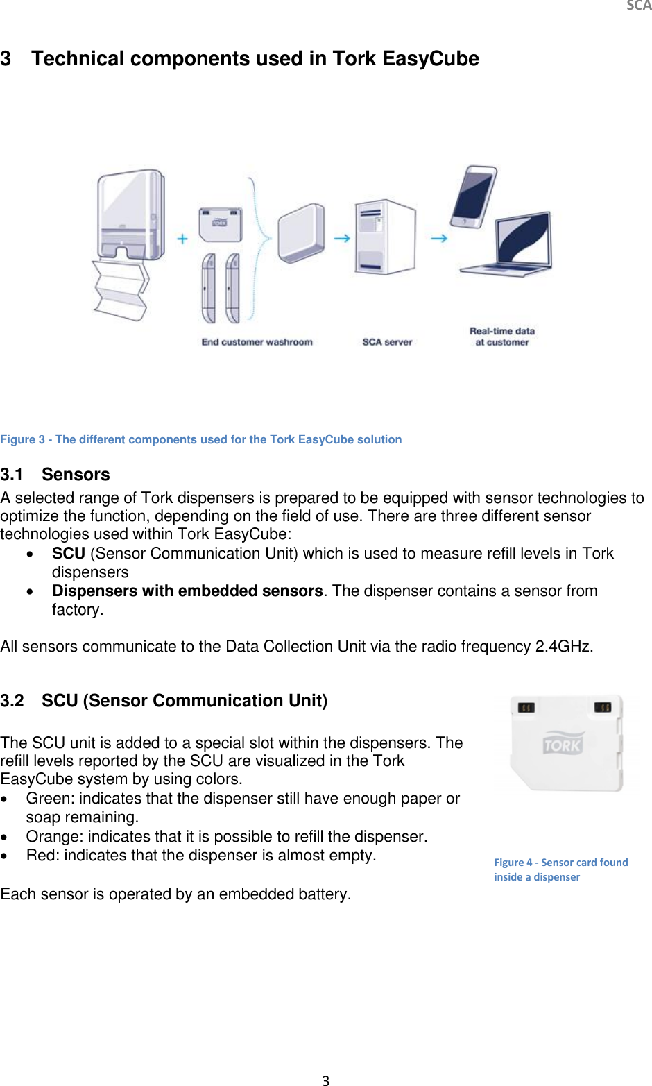     SCA 3   3  Technical components used in Tork EasyCube   Figure 3 - The different components used for the Tork EasyCube solution 3.1  Sensors A selected range of Tork dispensers is prepared to be equipped with sensor technologies to optimize the function, depending on the field of use. There are three different sensor technologies used within Tork EasyCube:  SCU (Sensor Communication Unit) which is used to measure refill levels in Tork dispensers  Dispensers with embedded sensors. The dispenser contains a sensor from factory.  All sensors communicate to the Data Collection Unit via the radio frequency 2.4GHz.   3.2  SCU (Sensor Communication Unit)   The SCU unit is added to a special slot within the dispensers. The refill levels reported by the SCU are visualized in the Tork EasyCube system by using colors.   Green: indicates that the dispenser still have enough paper or soap remaining.   Orange: indicates that it is possible to refill the dispenser.   Red: indicates that the dispenser is almost empty. 1 Each sensor is operated by an embedded battery.      Figure 4 - Sensor card found inside a dispenser 