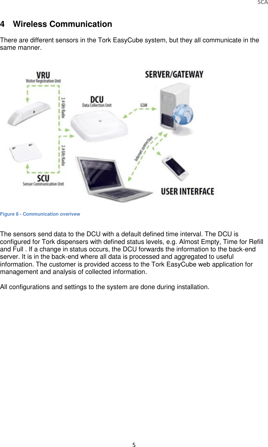     SCA 5   4  Wireless Communication  There are different sensors in the Tork EasyCube system, but they all communicate in the same manner.    Figure 8 - Communication overivew  The sensors send data to the DCU with a default defined time interval. The DCU is configured for Tork dispensers with defined status levels, e.g. Almost Empty, Time for Refill and Full . If a change in status occurs, the DCU forwards the information to the back-end server. It is in the back-end where all data is processed and aggregated to useful information. The customer is provided access to the Tork EasyCube web application for management and analysis of collected information.   All configurations and settings to the system are done during installation.      