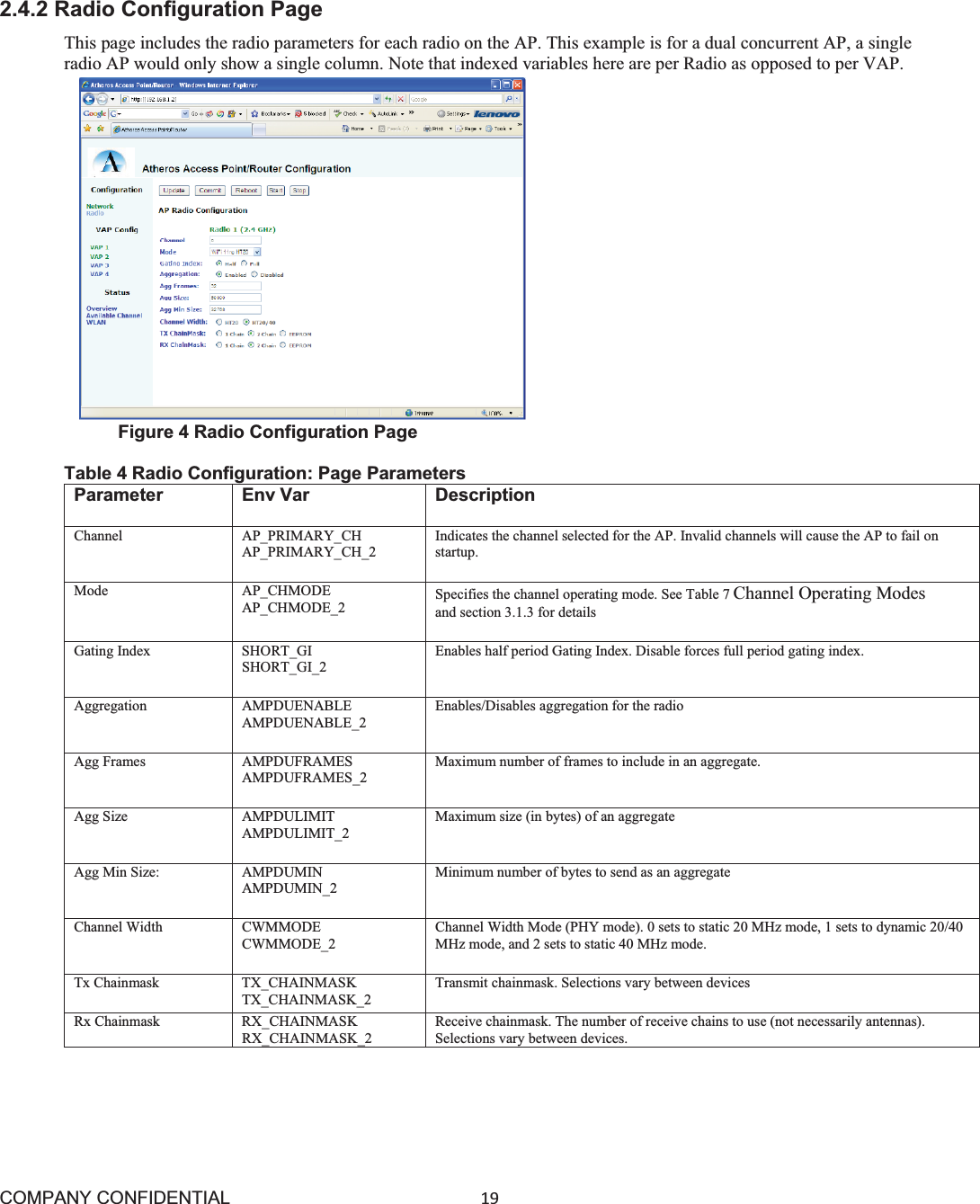 COMPANY CONFIDENTIAL19 2.4.2 Radio Configuration Page This page includes the radio parameters for each radio on the AP. This example is for a dual concurrent AP, a single radio AP would only show a single column. Note that indexed variables here are per Radio as opposed to per VAP. Figure 4 Radio Configuration Page Table 4 Radio Configuration: Page Parameters Parameter Env Var  Description Channel AP_PRIMARY_CH AP_PRIMARY_CH_2 Indicates the channel selected for the AP. Invalid channels will cause the AP to fail on startup. Mode AP_CHMODE AP_CHMODE_2 Specifies the channel operating mode. See Table 7 Channel Operating Modes and section 3.1.3 for details Gating Index SHORT_GI SHORT_GI_2 Enables half period Gating Index. Disable forces full period gating index. Aggregation AMPDUENABLE AMPDUENABLE_2 Enables/Disables aggregation for the radio Agg Frames AMPDUFRAMES AMPDUFRAMES_2 Maximum number of frames to include in an aggregate. Agg Size AMPDULIMIT AMPDULIMIT_2 Maximum size (in bytes) of an aggregateAgg Min Size: AMPDUMIN AMPDUMIN_2 Minimum number of bytes to send as an aggregate Channel Width CWMMODE CWMMODE_2 Channel Width Mode (PHY mode). 0 sets to static 20 MHz mode, 1 sets to dynamic 20/40 MHz mode, and 2 sets to static 40 MHz mode. Tx Chainmask TX_CHAINMASK TX_CHAINMASK_2 Transmit chainmask. Selections vary between devices Rx Chainmask RX_CHAINMASK RX_CHAINMASK_2 Receive chainmask. The number of receive chains to use (not necessarily antennas). Selections vary between devices. 