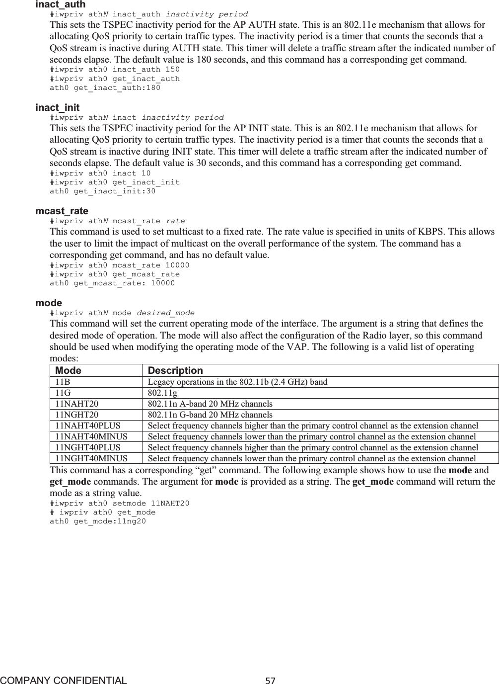 COMPANY CONFIDENTIAL57 inact_auth #iwpriv athNinact_auth inactivity period This sets the TSPEC inactivity period for the AP AUTH state. This is an 802.11e mechanism that allows for allocating QoS priority to certain traffic types. The inactivity period is a timer that counts the seconds that a QoS stream is inactive during AUTH state. This timer will delete a traffic stream after the indicated number of seconds elapse. The default value is 180 seconds, and this command has a corresponding get command. #iwpriv ath0 inact_auth 150 #iwpriv ath0 get_inact_auth ath0 get_inact_auth:180 inact_init #iwpriv athNinact inactivity period This sets the TSPEC inactivity period for the AP INIT state. This is an 802.11e mechanism that allows for allocating QoS priority to certain traffic types. The inactivity period is a timer that counts the seconds that a QoS stream is inactive during INIT state. This timer will delete a traffic stream after the indicated number of seconds elapse. The default value is 30 seconds, and this command has a corresponding get command. #iwpriv ath0 inact 10 #iwpriv ath0 get_inact_init ath0 get_inact_init:30 mcast_rate#iwpriv athNmcast_rate rate This command is used to set multicast to a fixed rate. The rate value is specified in units of KBPS. This allows the user to limit the impact of multicast on the overall performance of the system. The command has a corresponding get command, and has no default value. #iwpriv ath0 mcast_rate 10000 #iwpriv ath0 get_mcast_rate ath0 get_mcast_rate: 10000 mode#iwpriv athNmode desired_mode This command will set the current operating mode of the interface. The argument is a string that defines the desired mode of operation. The mode will also affect the configuration of the Radio layer, so this command should be used when modifying the operating mode of the VAP. The following is a valid list of operating modes: Mode Description 11B Legacy operations in the 802.11b (2.4 GHz) band 11G 802.11g 11NAHT20 802.11n A-band 20 MHz channels 11NGHT20 802.11n G-band 20 MHz channels 11NAHT40PLUS Select frequency channels higher than the primary control channel as the extension channel 11NAHT40MINUS Select frequency channels lower than the primary control channel as the extension channel 11NGHT40PLUS Select frequency channels higher than the primary control channel as the extension channel 11NGHT40MINUS Select frequency channels lower than the primary control channel as the extension channel This command has a corresponding “get” command. The following example shows how to use the mode and get_mode commands. The argument for mode is provided as a string. The get_mode command will return the mode as a string value. #iwpriv ath0 setmode 11NAHT20 # iwpriv ath0 get_mode ath0 get_mode:11ng20 