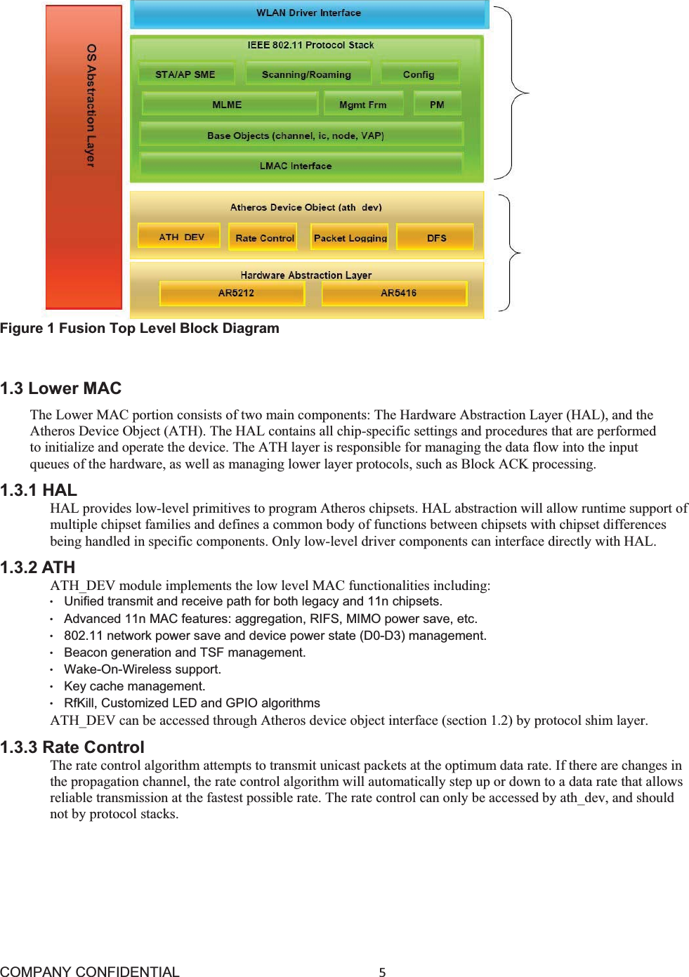 COMPANY CONFIDENTIAL5 Figure 1 Fusion Top Level Block Diagram 1.3 Lower MAC The Lower MAC portion consists of two main components: The Hardware Abstraction Layer (HAL), and the Atheros Device Object (ATH). The HAL contains all chip-specific settings and procedures that are performed to initialize and operate the device. The ATH layer is responsible for managing the data flow into the input queues of the hardware, as well as managing lower layer protocols, such as Block ACK processing. 1.3.1 HAL HAL provides low-level primitives to program Atheros chipsets. HAL abstraction will allow runtime support of multiple chipset families and defines a common body of functions between chipsets with chipset differences being handled in specific components. Only low-level driver components can interface directly with HAL. 1.3.2 ATH ATH_DEV module implements the low level MAC functionalities including: ©Unified transmit and receive path for both legacy and 11n chipsets. ©Advanced 11n MAC features: aggregation, RIFS, MIMO power save, etc. ©802.11 network power save and device power state (D0-D3) management. ©Beacon generation and TSF management. ©Wake-On-Wireless support. ©Key cache management. ©RfKill, Customized LED and GPIO algorithms ATH_DEV can be accessed through Atheros device object interface (section 1.2) by protocol shim layer. 1.3.3 Rate Control The rate control algorithm attempts to transmit unicast packets at the optimum data rate. If there are changes in the propagation channel, the rate control algorithm will automatically step up or down to a data rate that allows reliable transmission at the fastest possible rate. The rate control can only be accessed by ath_dev, and should not by protocol stacks. 