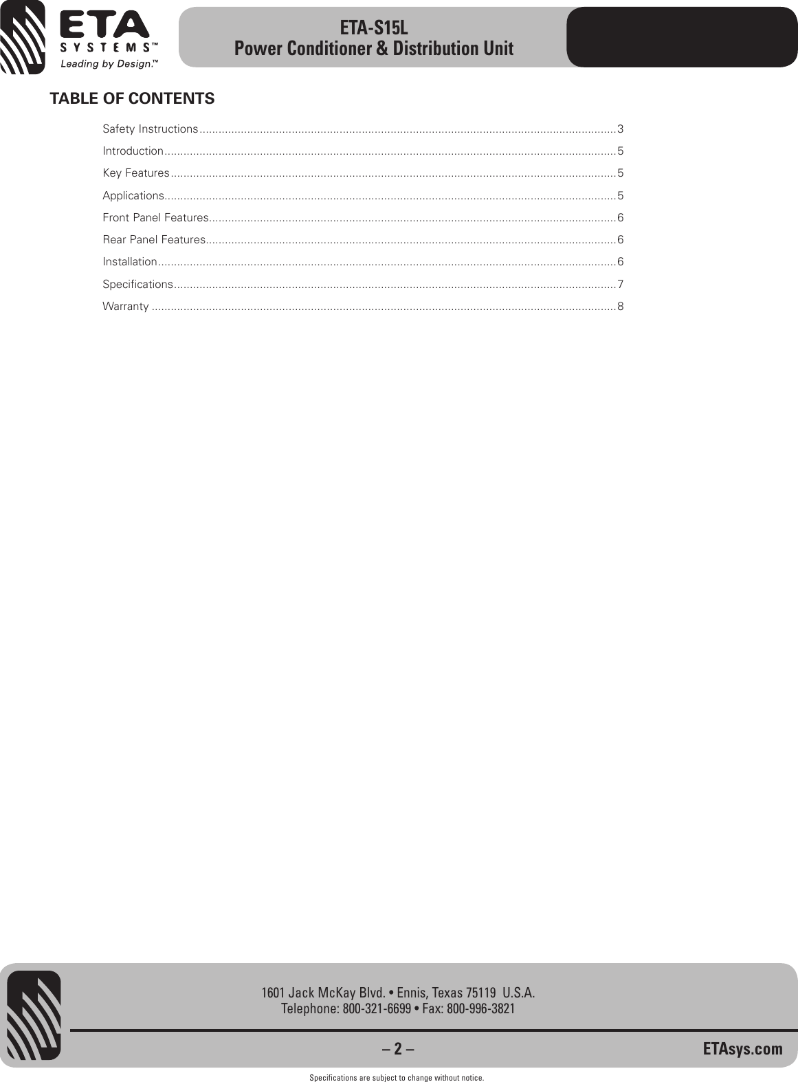 Page 2 of 8 - Eta-Systems Eta-Systems-Eta-S15L-Users-Manual-  Eta-systems-eta-s15l-users-manual