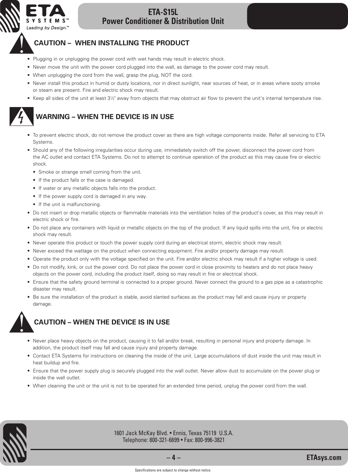 Page 4 of 8 - Eta-Systems Eta-Systems-Eta-S15L-Users-Manual-  Eta-systems-eta-s15l-users-manual