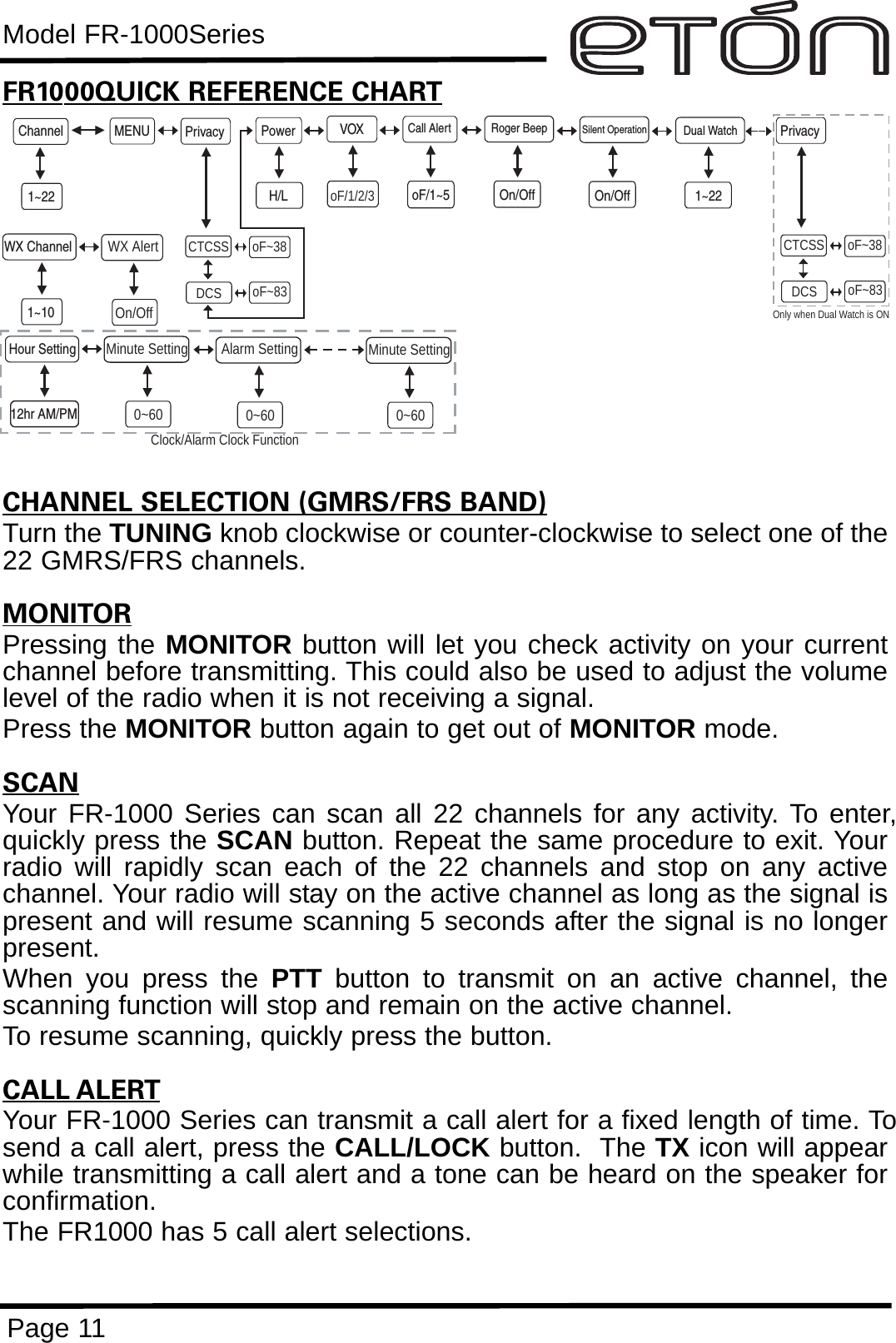 Model FR-1000SeriesPage 11FR1000QUICK REFERENCE CHARTCHANNEL SELECTION (GMRS/FRS BAND)Turn the TUNING knob clockwise or counter-clockwise to select one of the22 GMRS/FRS channels. MONITORPressing the MONITOR button will let you check activity on your currentchannel before transmitting. This could also be used to adjust the volumelevel of the radio when it is not receiving a signal.Press the MONITOR button again to get out of MONITOR mode.SCANYour FR-1000 Series can scan all 22 channels for any activity. To enter,quickly press the SCAN button. Repeat the same procedure to exit. Yourradio will rapidly scan each of the 22 channels and stop on any activechannel. Your radio will stay on the active channel as long as the signal ispresent and will resume scanning 5 seconds after the signal is no longerpresent.When you press the PTT button to transmit on an active channel, thescanning function will stop and remain on the active channel. To resume scanning, quickly press the button.CALL ALERTYour FR-1000 Series can transmit a call alert for a fixed length of time. Tosend a call alert, press the CALL/LOCK button.  The TX icon will appearwhile transmitting a call alert and a tone can be heard on the speaker forconfirmation. The FR1000 has 5 call alert selections. MENUChannel VOX1~22Privacy Roger BeepOn/OffPowerH/LCall AlertoF/1~5WX Channel1~10Silent OperationOn/OffoF/1/2/3CTCSSDCSoF~38oF~83Dual Watch1~22WX AlertOn/OffPrivacyCTCSSDCSoF~38oF~83Only when Dual Watch is ONHour Setting12hr AM/PMMinute Setting0~60Alarm Setting0~60Minute Setting0~60Clock/Alarm Clock Function