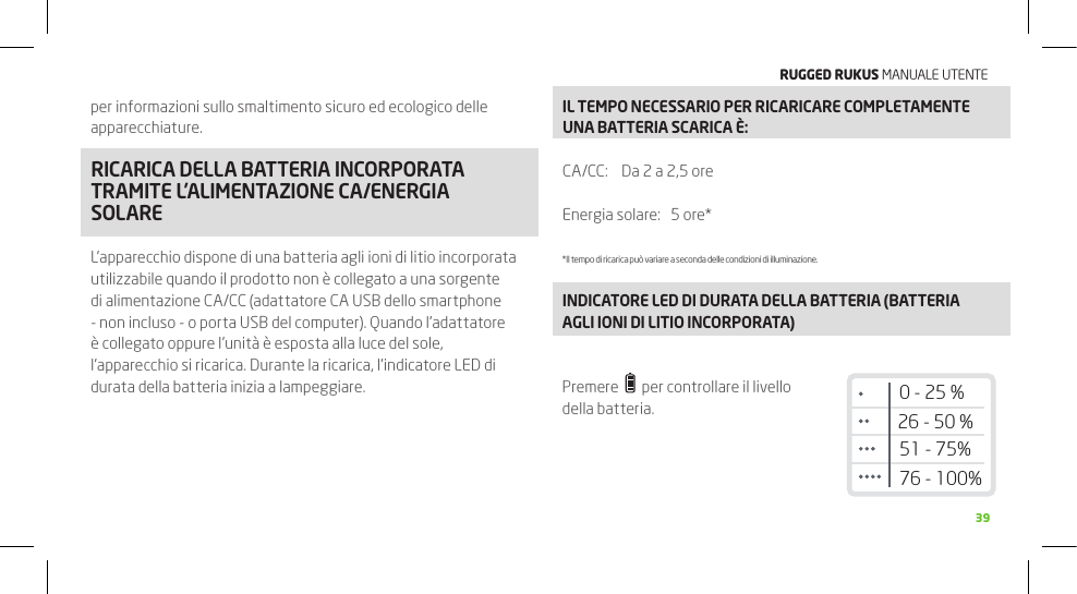 RuggEd Rukus MANUALE UTENTE39per informazioni sullo smaltimento sicuro ed ecologico delle apparecchiature.RICARICA DELLA BATTERIA INCORPORATA TRAMITE L’ALIMENTAZIONE CA/ENERGIA SOLAREL’apparecchio dispone di una batteria agli ioni di litio incorporata utilizzabile quando il prodotto non è collegato a una sorgente di alimentazione CA/CC (adattatore CA USB dello smartphone - non incluso - o porta USB del computer). Quando l’adattatore è collegato oppure l’unità è esposta alla luce del sole, l’apparecchio si ricarica. Durante la ricarica, l’indicatore LED di durata della batteria inizia a lampeggiare.IL TEMPO NECESSARIO PER RICARICARE COMPLETAMENTE UNA BATTERIA SCARICA è:CA/CC:    Da 2 a 2,5 oreEnergia solare:   5 ore**Il tempo di ricarica può variare a seconda delle condizioni di illuminazione.INDICATORE LED DI DURATA DELLA BATTERIA (BATTERIA AGLI IONI DI LITIO INCORPORATA)Premere     per controllare il livello della batteria.26 - 50 %51 - 75%76 - 100%0 - 25 %FUNZIONI