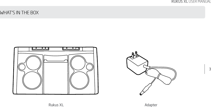 3RUKUS XL USER MANUALWHAT’S IN THE BOXRukus XL Adapter